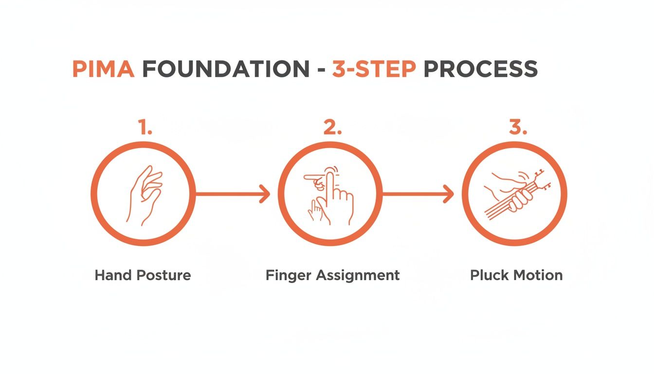A 3-step process illustration showing hand posture, finger assignment, and pluck motion for guitar playing.