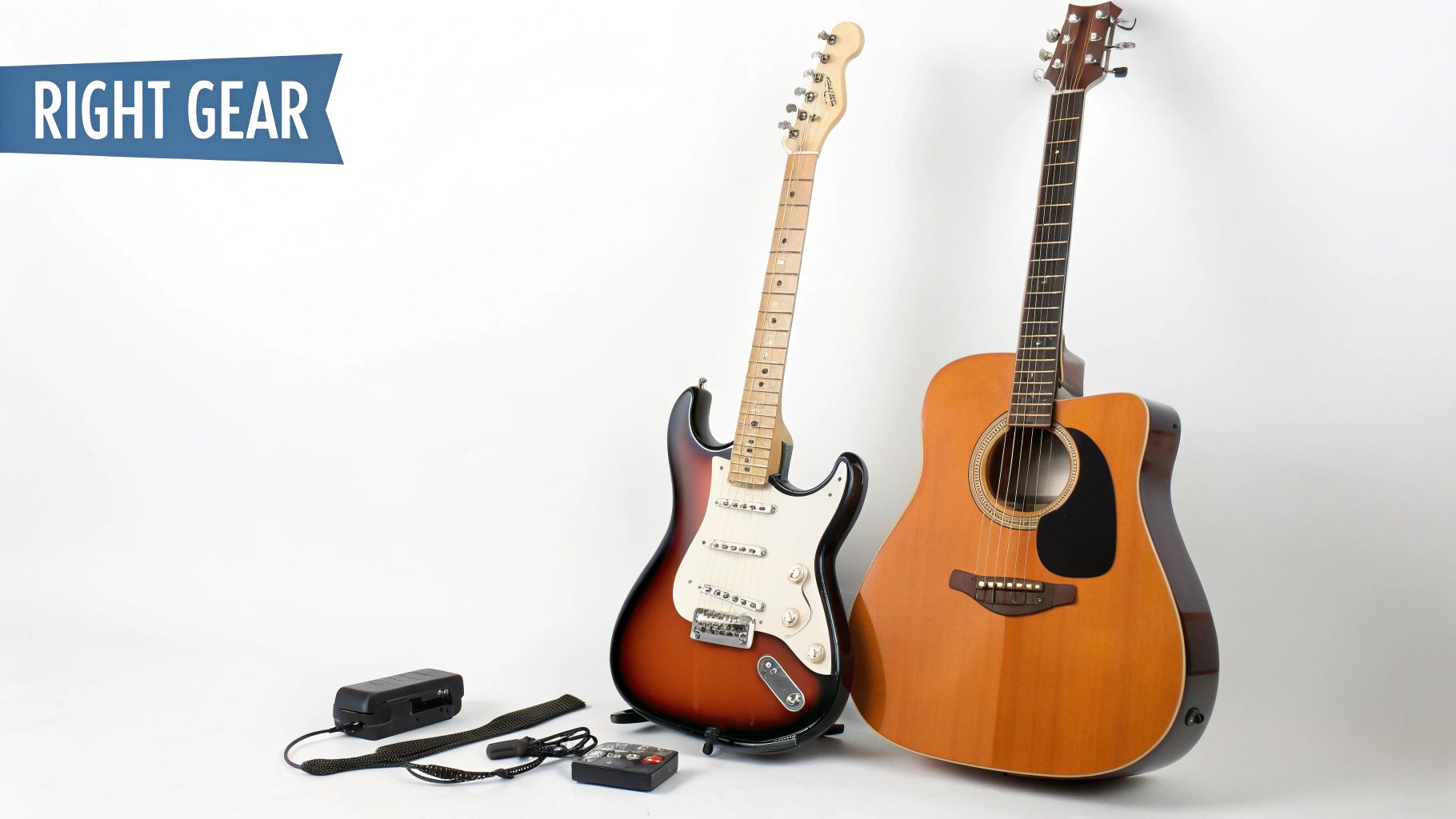 An electric guitar and an acoustic guitar with music accessories, including a tuner, against a white background with a 'Right Gear' banner.