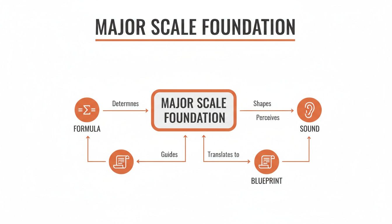 A diagram illustrates the Major Scale Foundation, connecting formula, blueprint, and sound in a cyclical flow.
