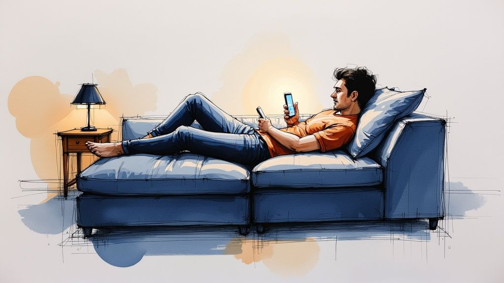 Woman relaxing on a couch using her phone in the evening