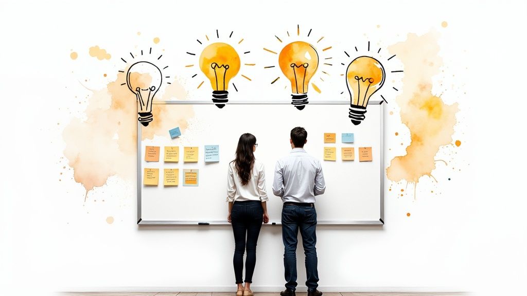 A person writing at a desk, surrounded by organized sticky notes and a clear workflow diagram, symbolizing creative flow.
