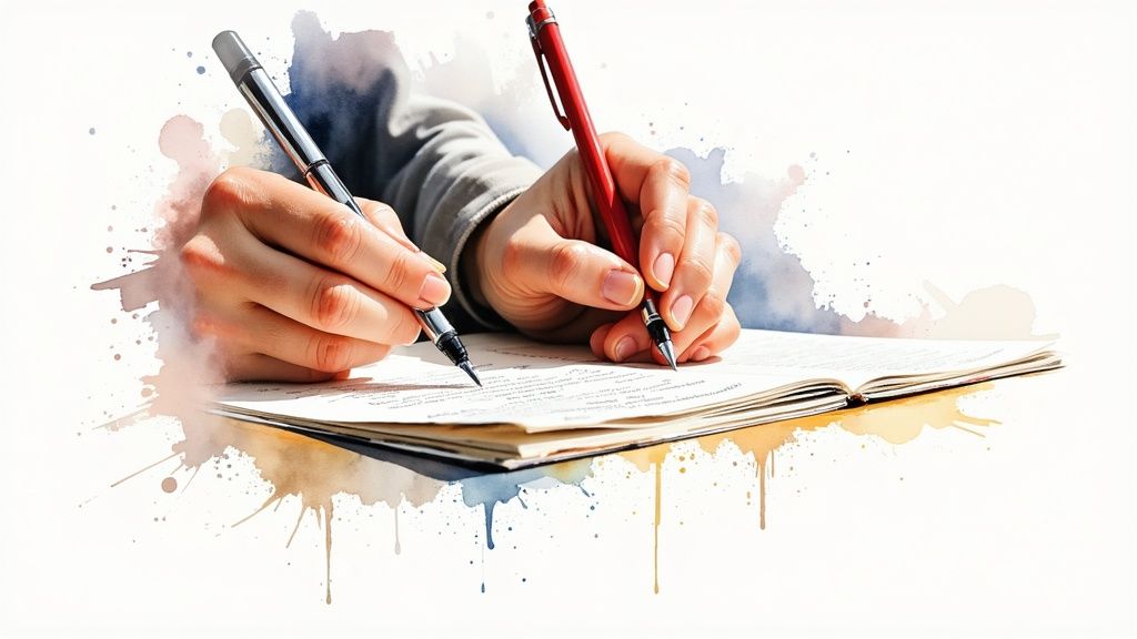 A creative professional working at a desk with an AI assistant on their screen, helping to organize ideas and streamline tasks.