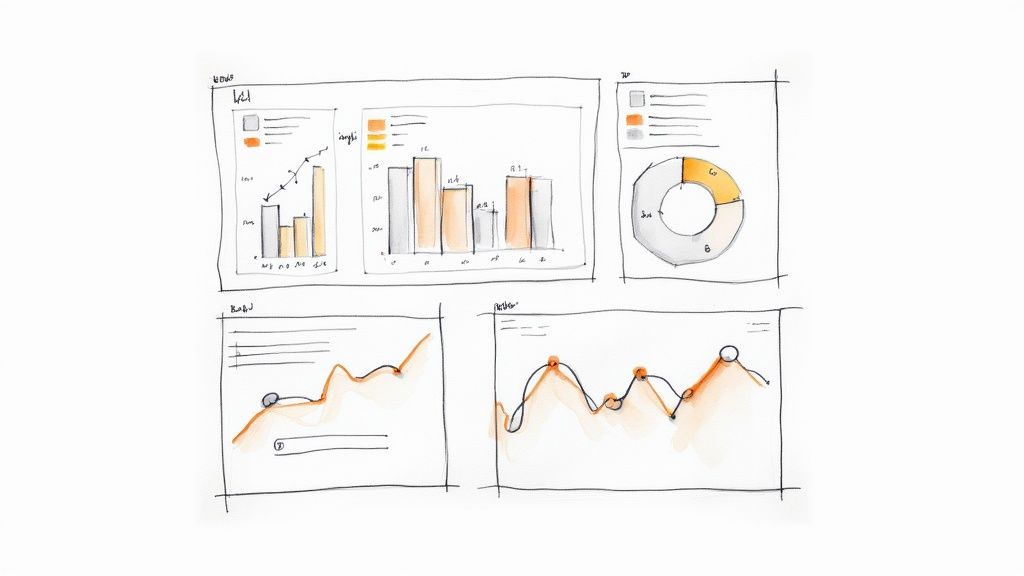 A woman analyzing charts and graphs on multiple screens in a modern office