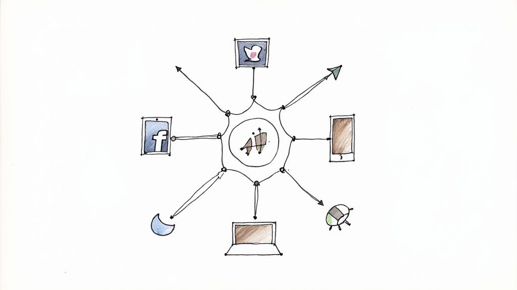 A graph showing business growth with icons representing social media and revenue