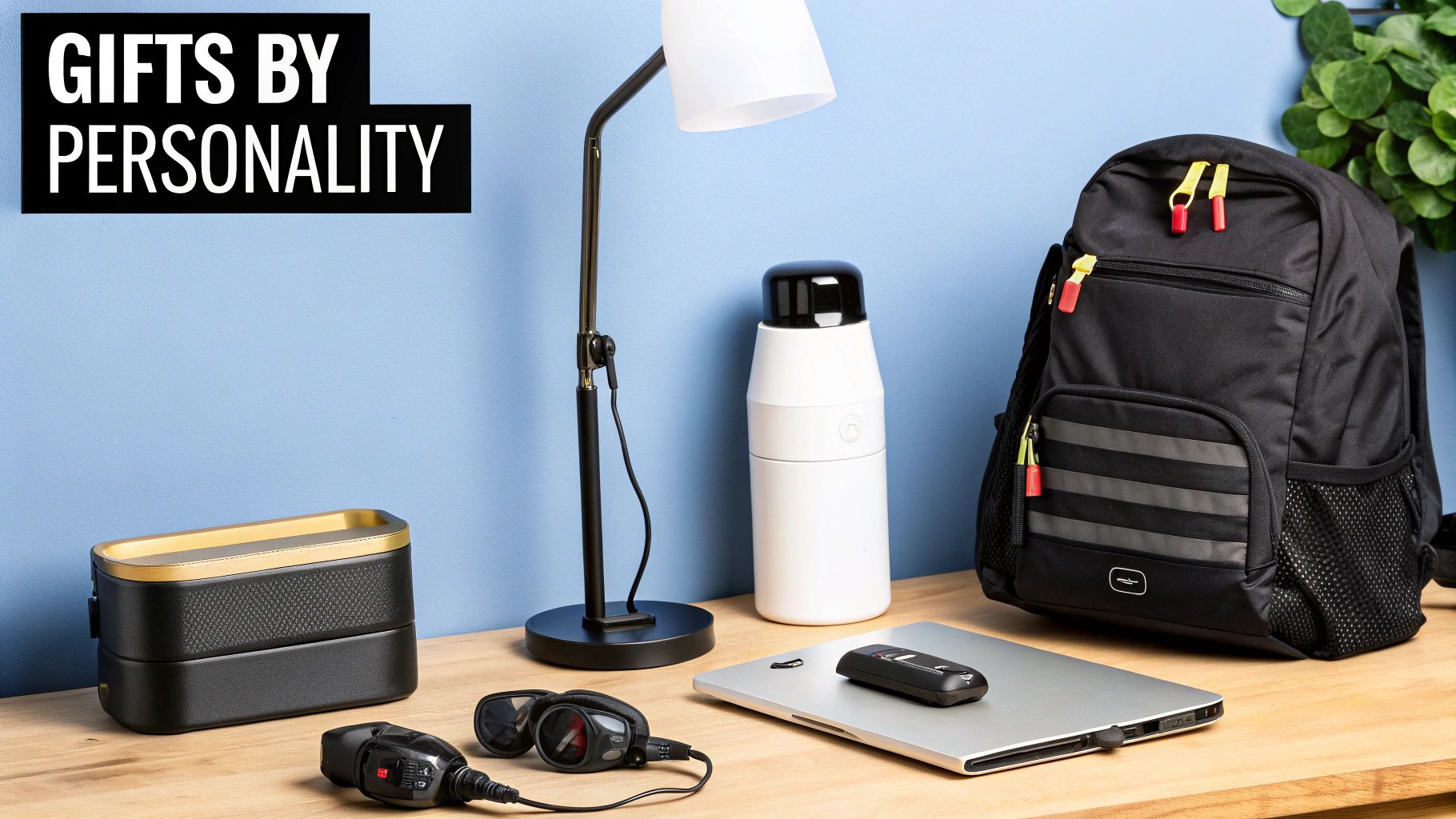 A collection of tech gadgets and lifestyle products suitable for gifts, arranged on a wooden desk.