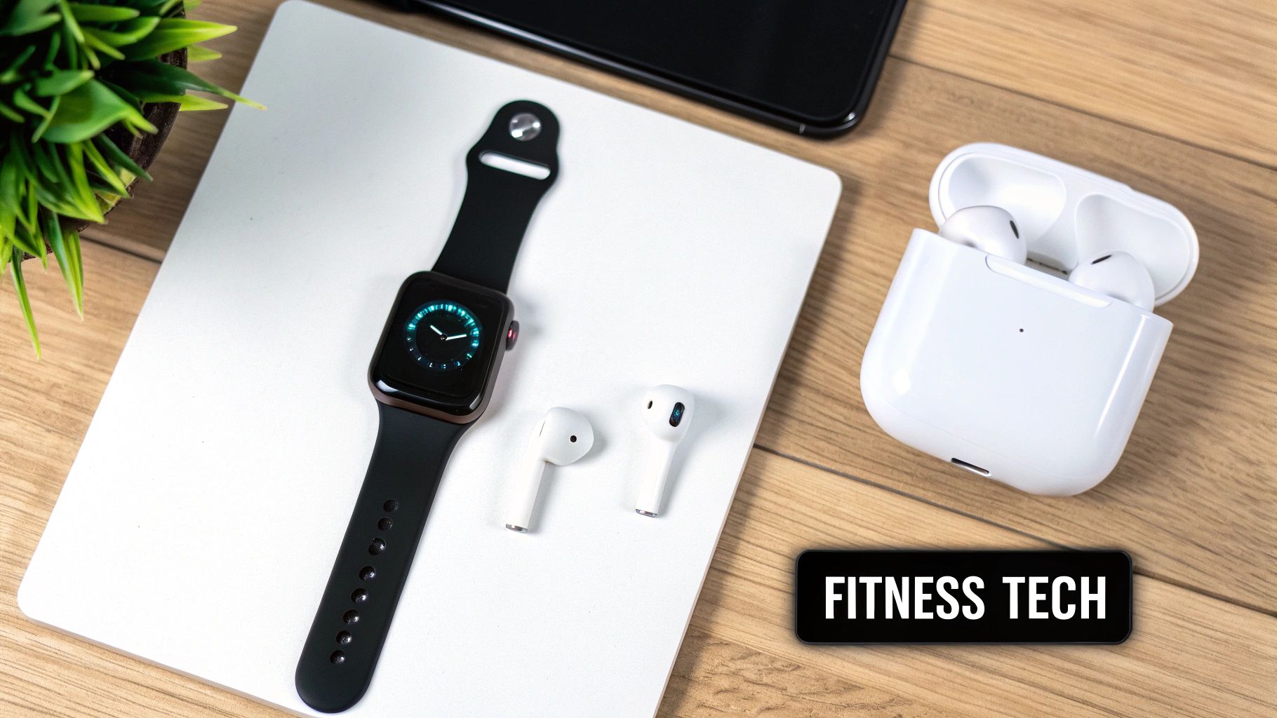 A flat lay of modern fitness tech, including an Apple Watch, AirPods, and charging case, on a wooden table.