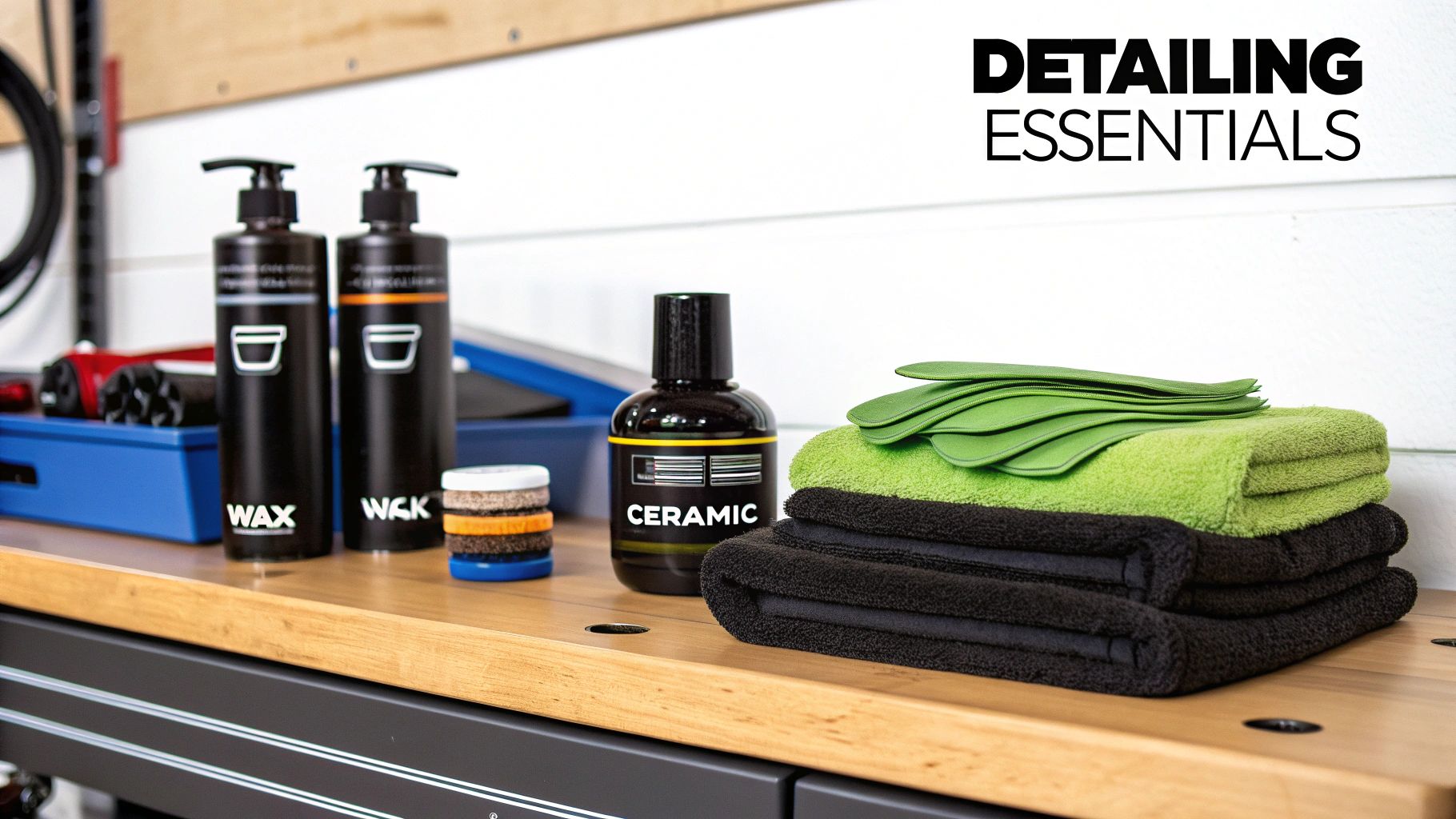 Car detailing essentials featuring wax, ceramic coating, wash, applicators, and microfiber towels on a wooden counter.