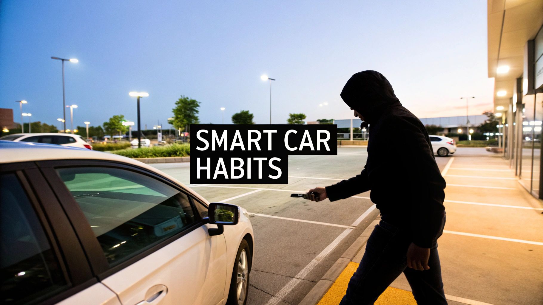 Person in a dark hoodie unlocking a white car in a parking lot at dusk, promoting smart car habits.