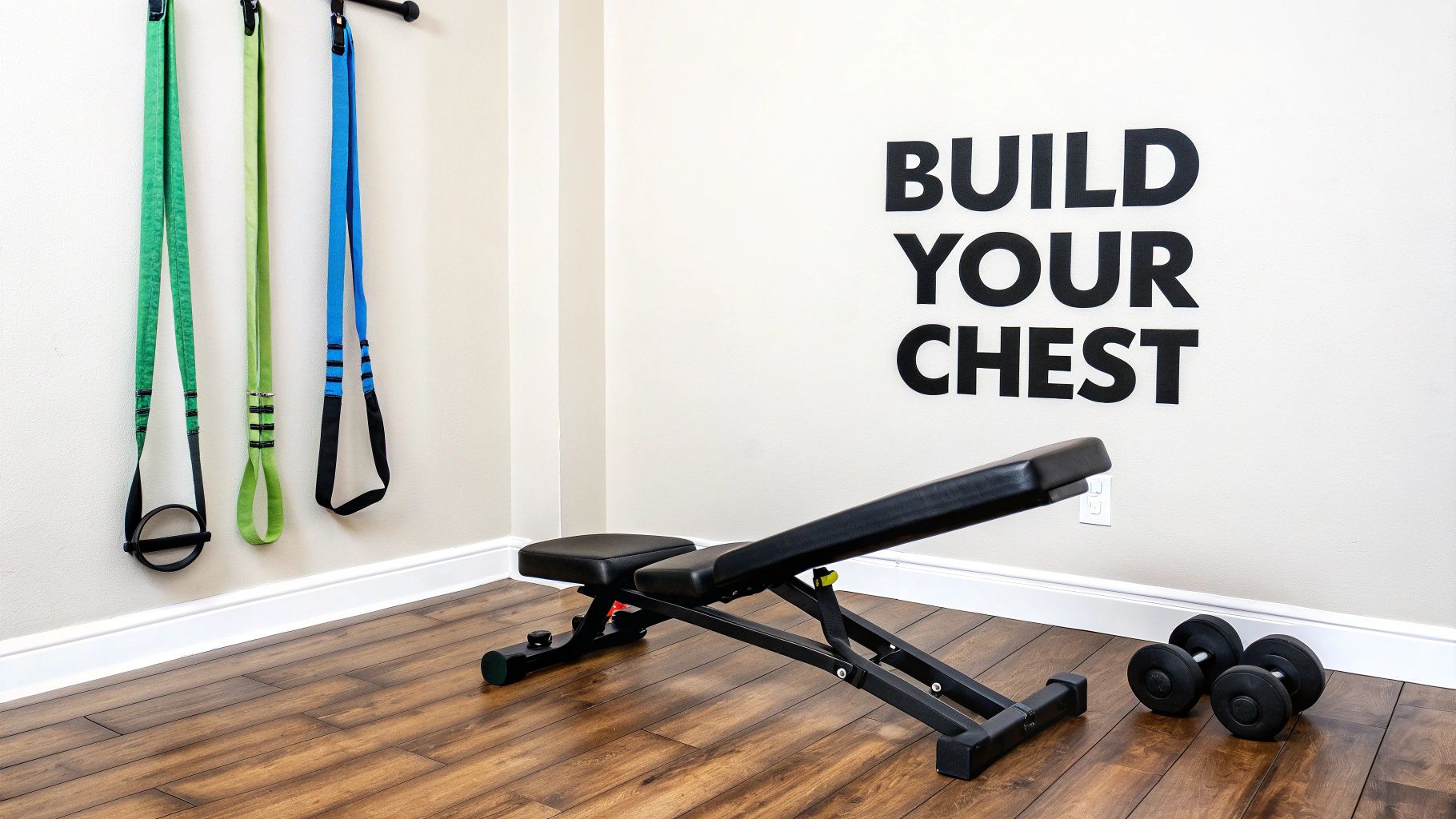 A person performing a dumbbell chest press on a bench at home, illustrating home chest workout equipment.