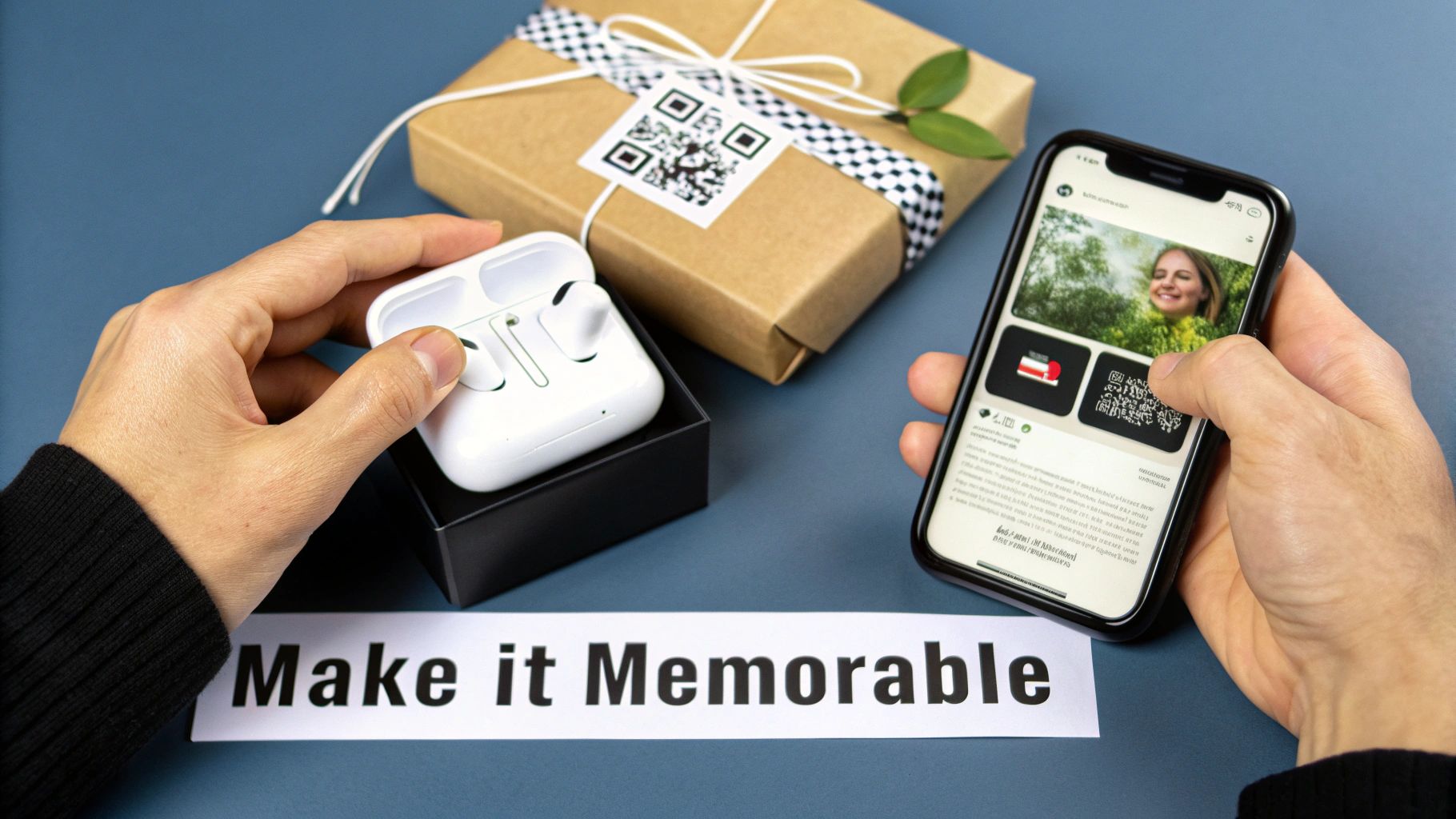 Hands holding white wireless earbuds and a smartphone, next to a memorable gift box with a QR code.
