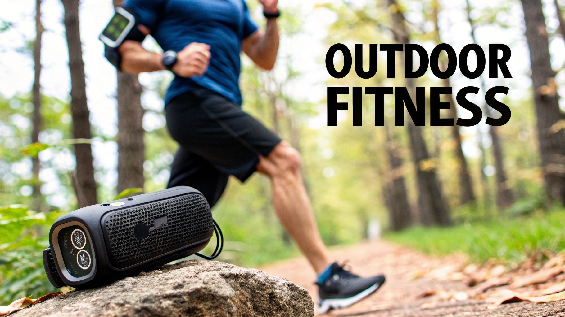 A person jogs on a forest path, with a portable speaker resting on a rock in the foreground.