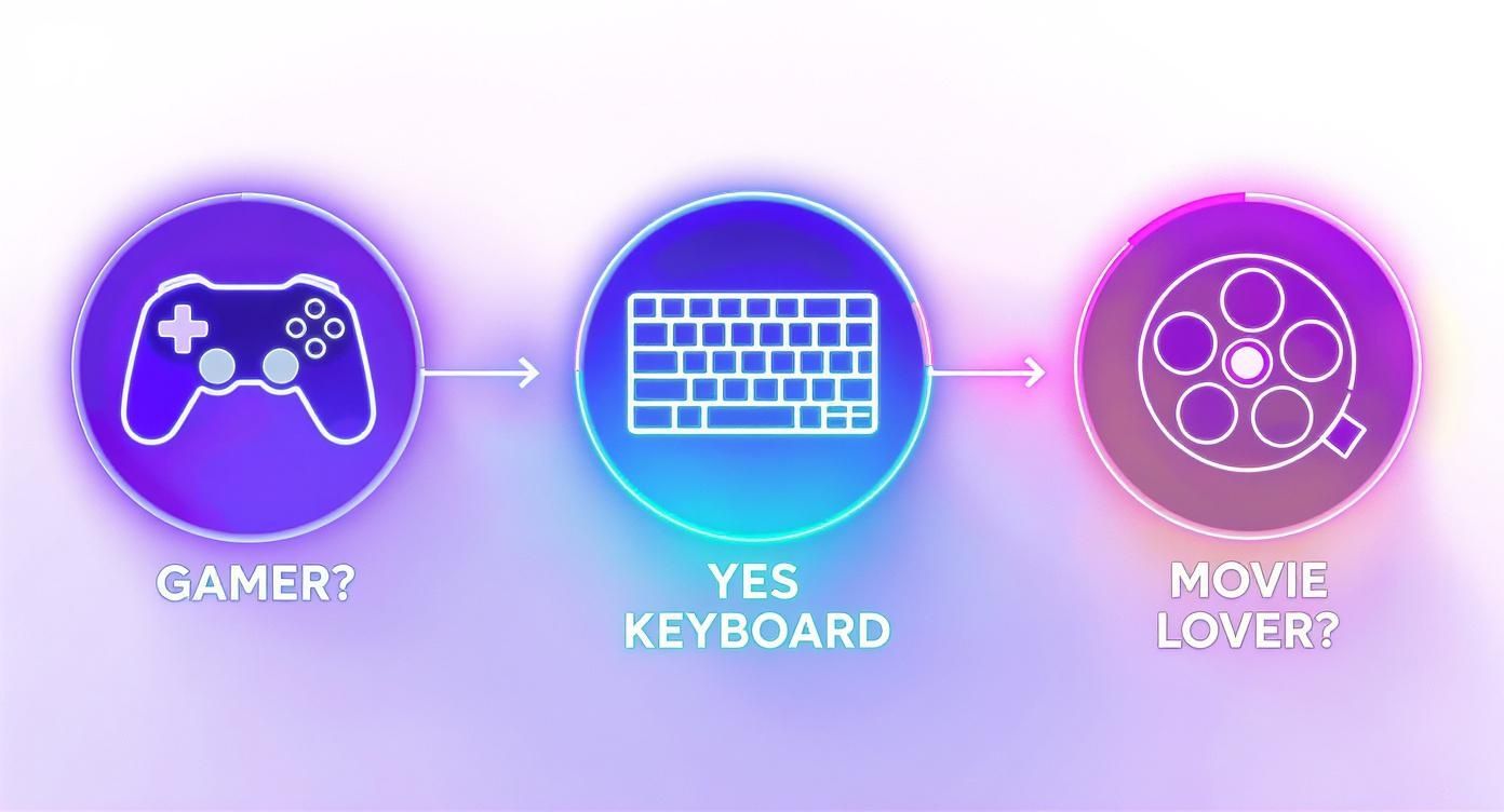 Flowchart with neon icons: game controller for gamers, a keyboard for tech, and a film reel for movie lovers.