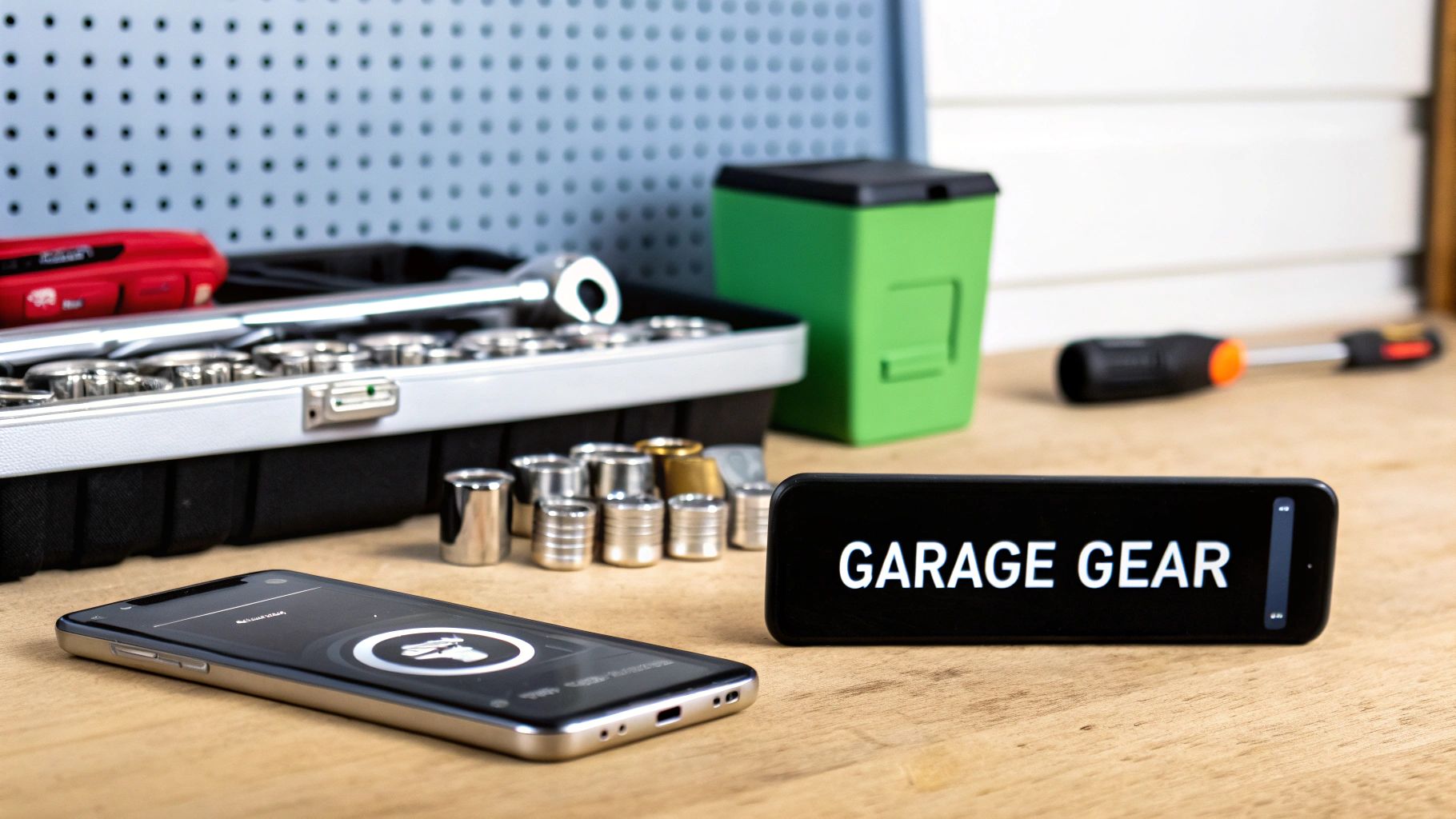 A collection of garage tools including a socket set, wrench, and two smartphones on a wooden workbench.