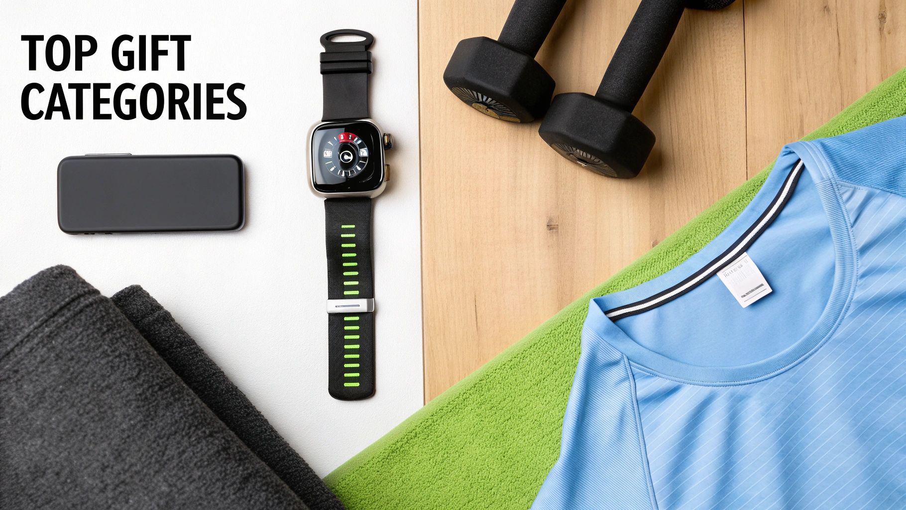 Flat lay of top fitness gift categories including a smartwatch, dumbbells, activewear, and a portable device.