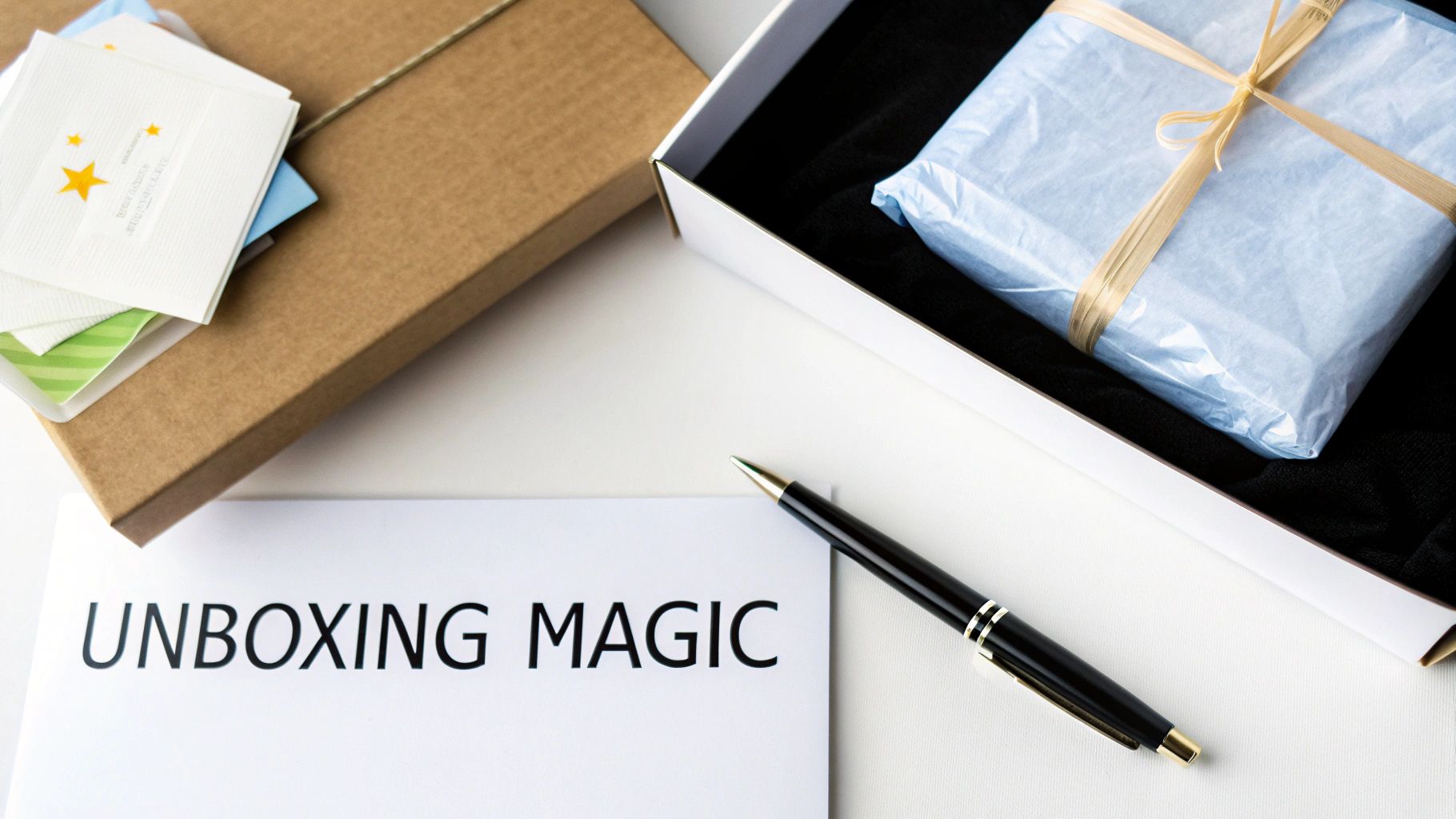 An overhead shot of a gift box, a blue wrapped present, 'UNBOXING MAGIC' text, and a pen.