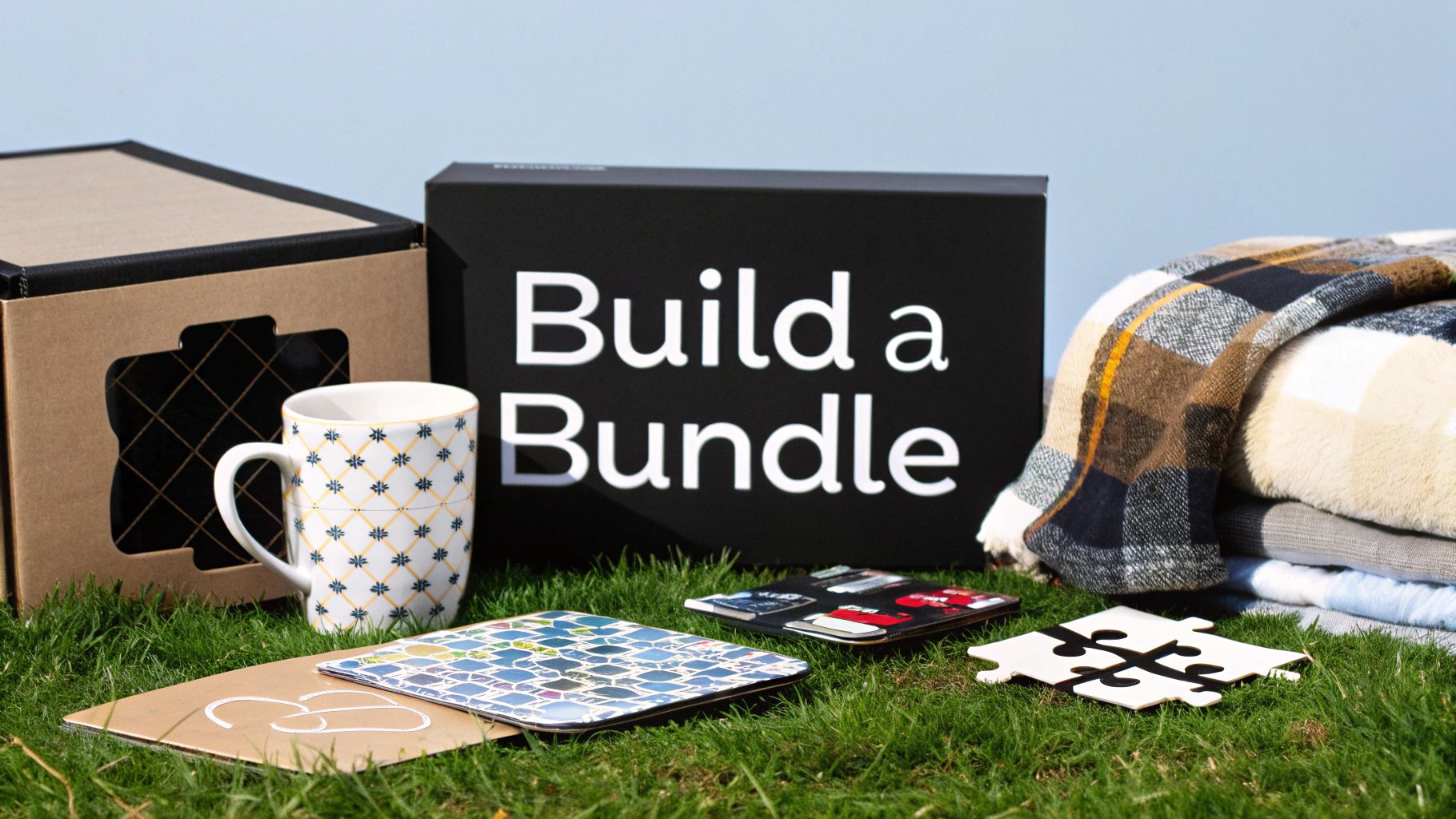 A curated collection of practical Christmas gift ideas: a mug, plaid blankets, and coasters on green grass, next to a 'Build a Bundle' sign.