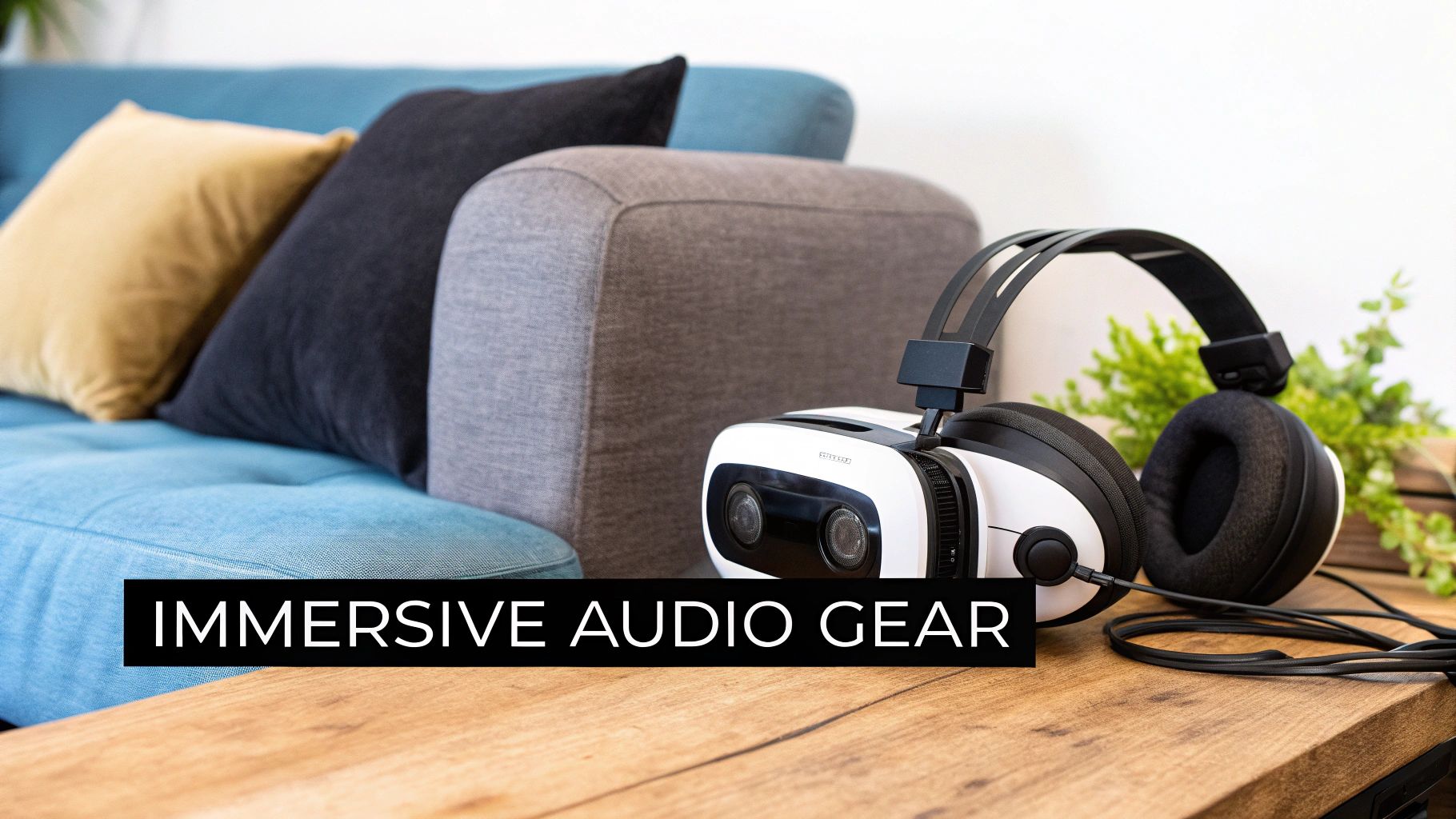 An immersive audio gear setup with a VR headset and headphones on a wooden table.