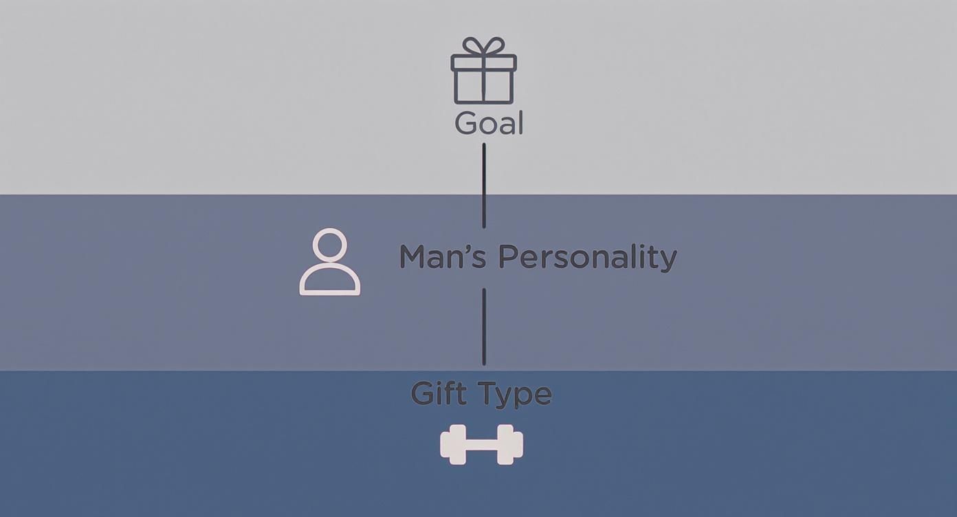 A diagram illustrating choosing fitness gifts for men based on goals and personality.