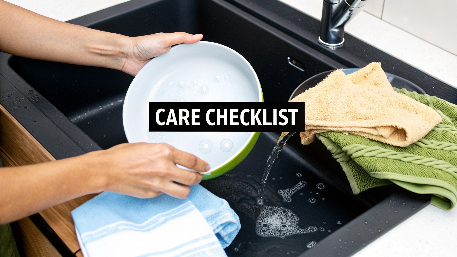 Person washing white ceramic plate in black kitchen sink with yellow cleaning cloth nearby