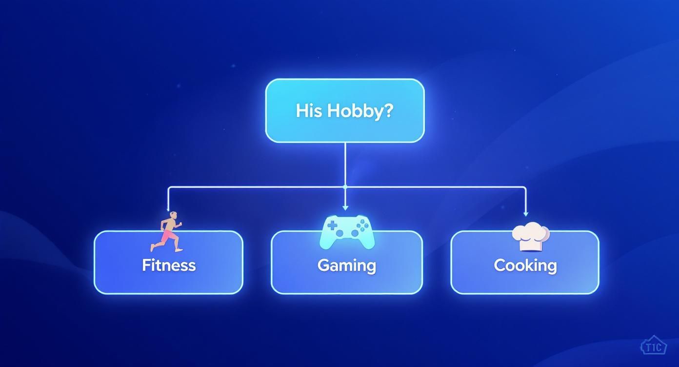 A flowchart showing 'His Hobby?' as the main question, with options for Fitness, Gaming, and Cooking.