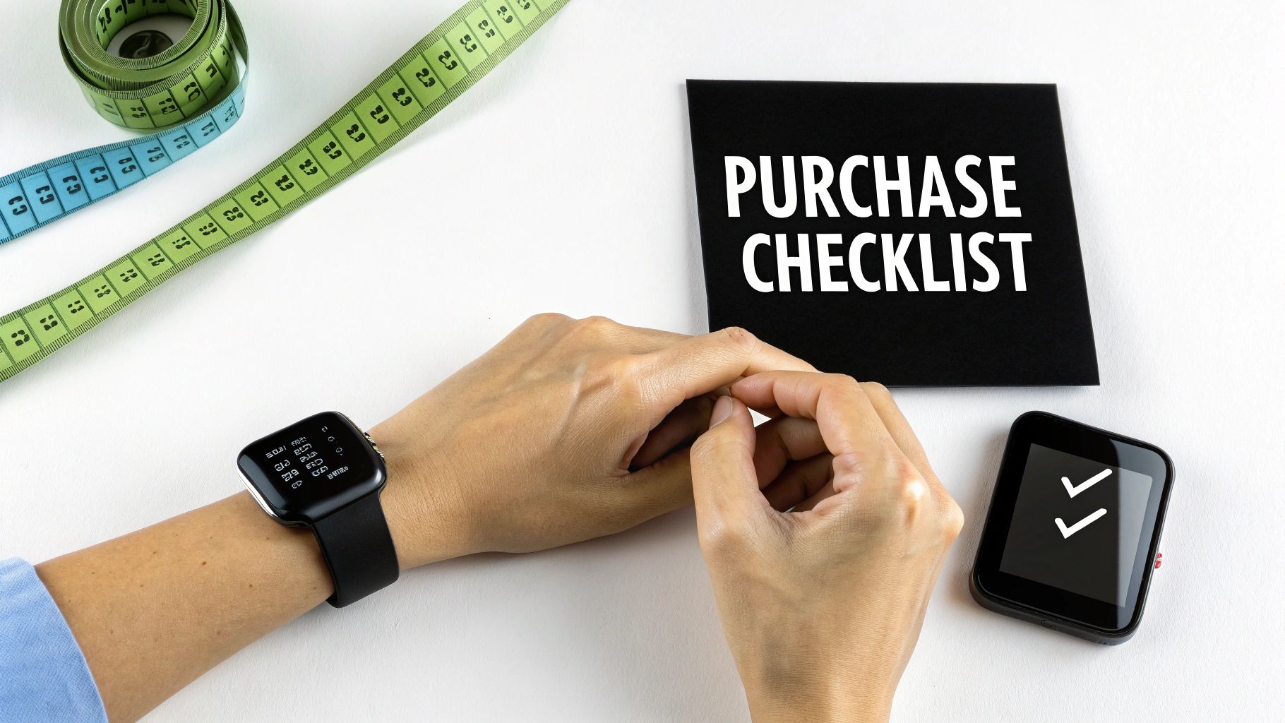 Hands interact with a 'Purchase Checklist' card, smartwatch, and another device, alongside measuring tapes.