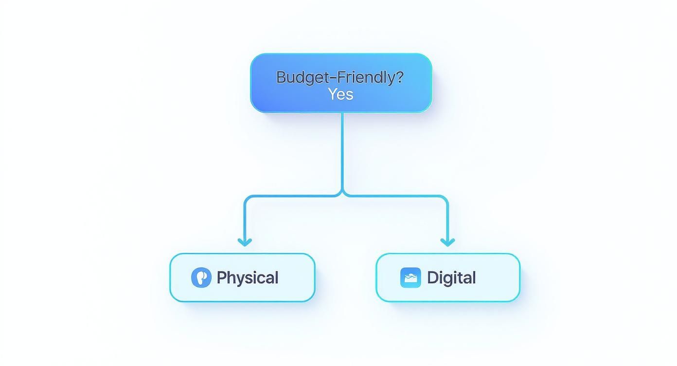 Flowchart showing budget-friendly gift options, branching into 'Physical' and 'Digital'.