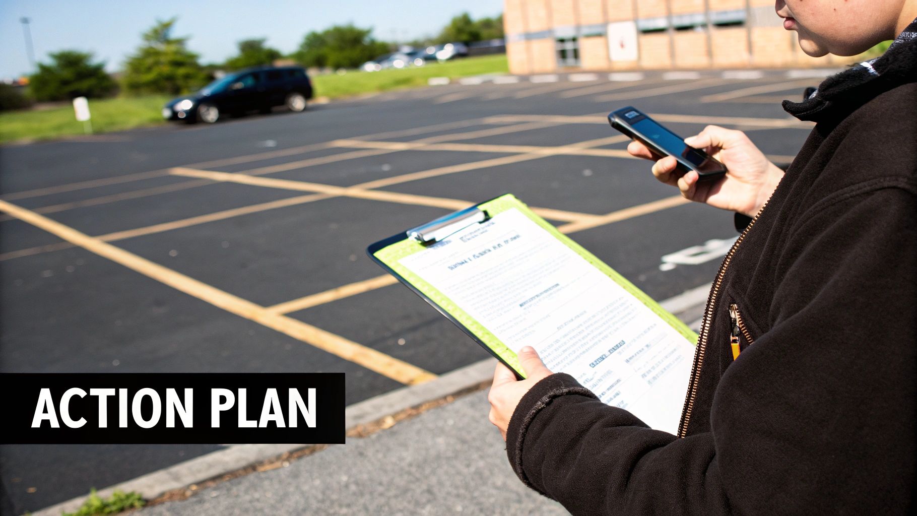 A person on the phone, looking stressed, reporting a stolen car.