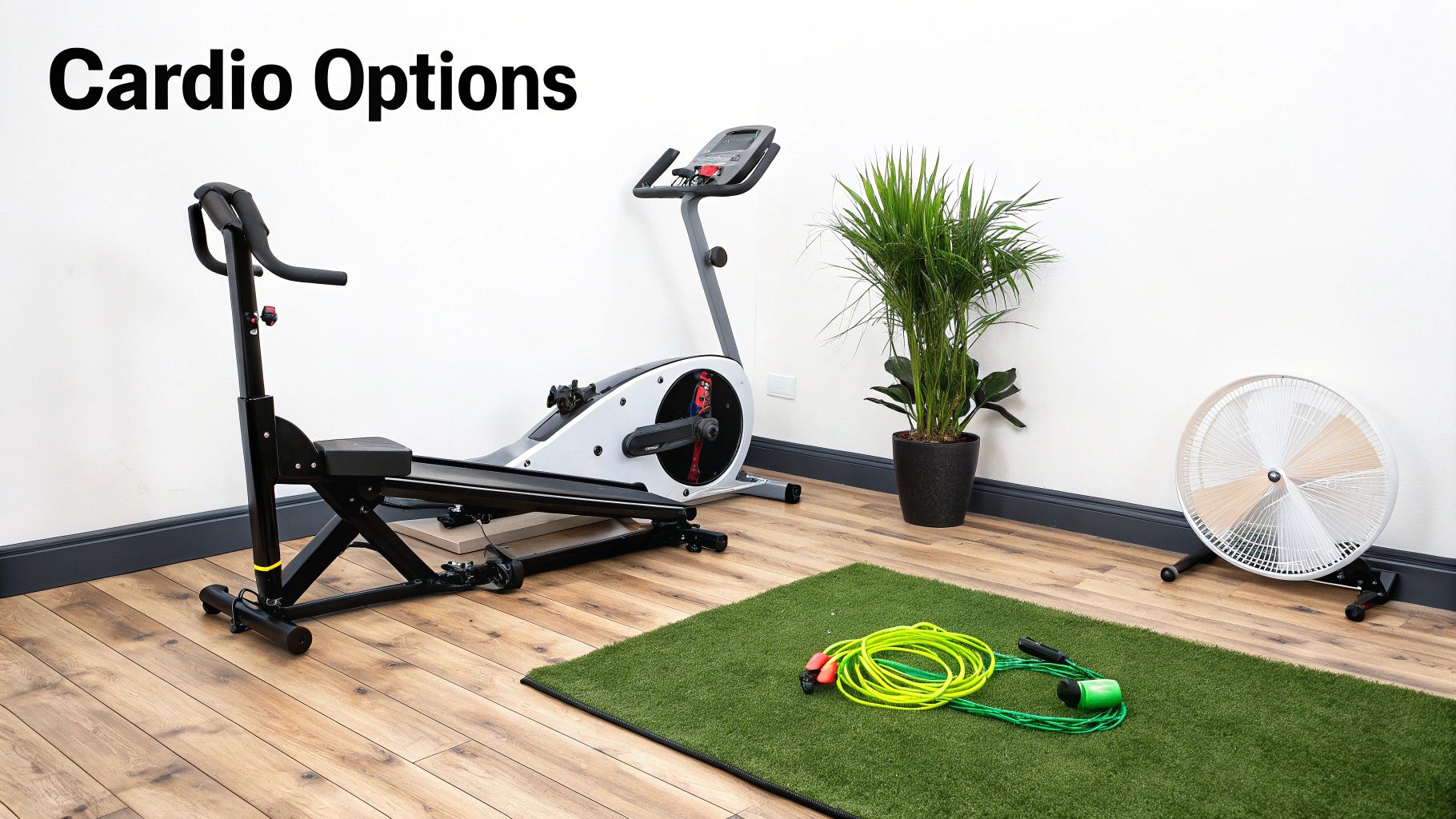 Home gym setup with treadmill, exercise bike, jump rope, and floor fan on wooden floor