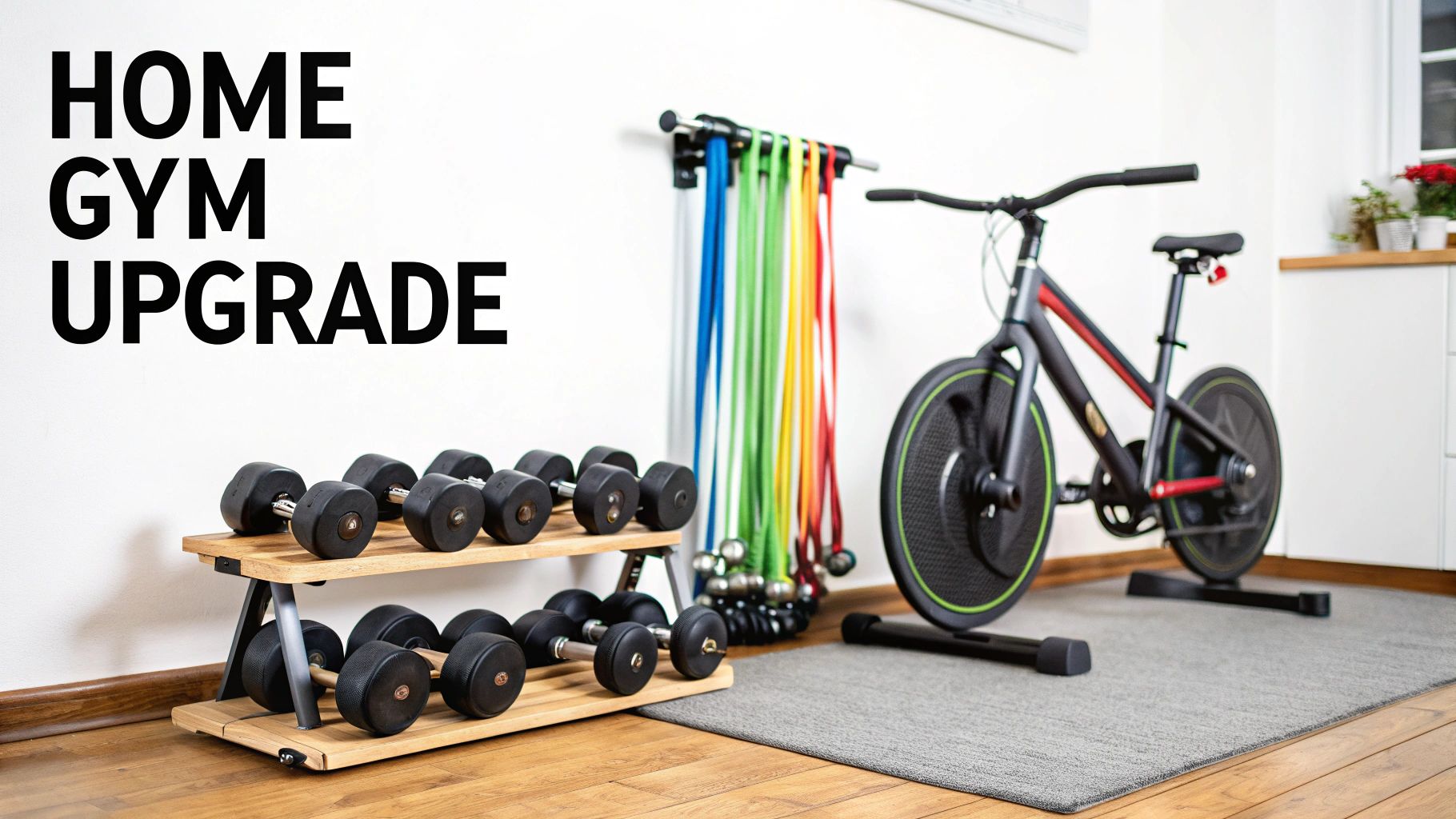 Home gym upgrade with a dumbbell rack, resistance bands, and an indoor cycling bike.