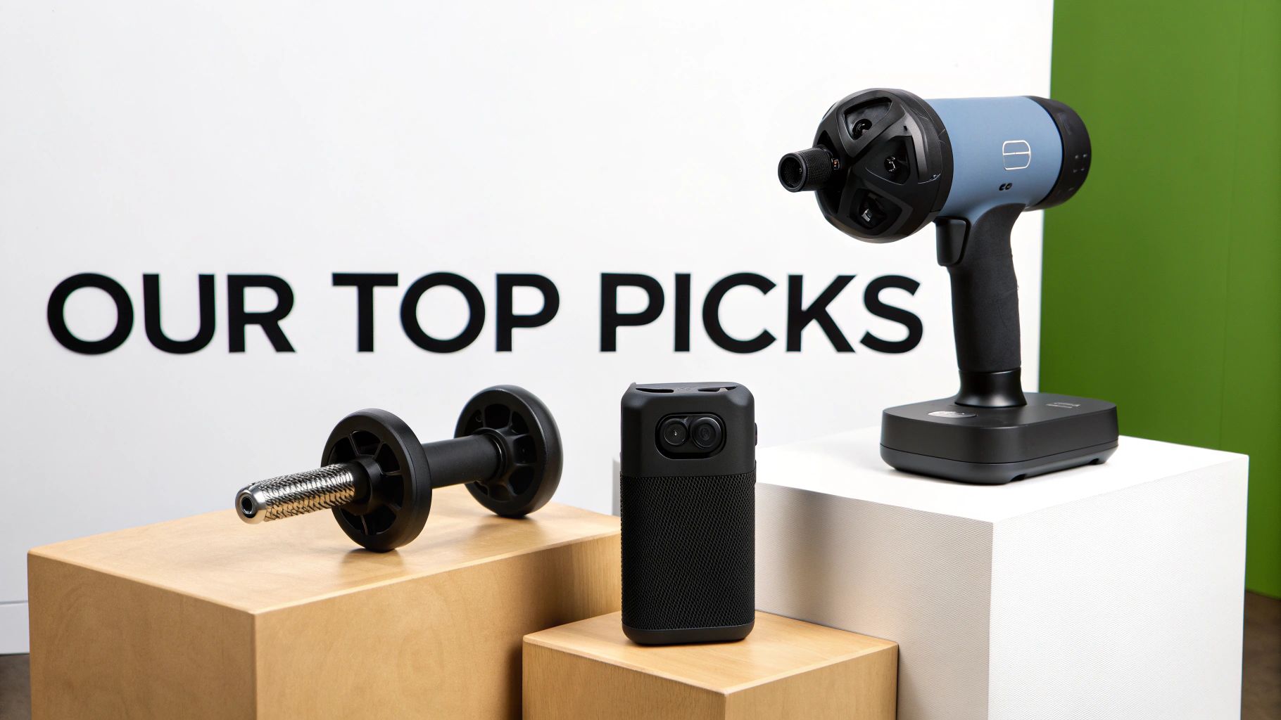 Three 'Top Picks' products: a dumbbell, a portable camera, and a massage gun, displayed on pedestals.