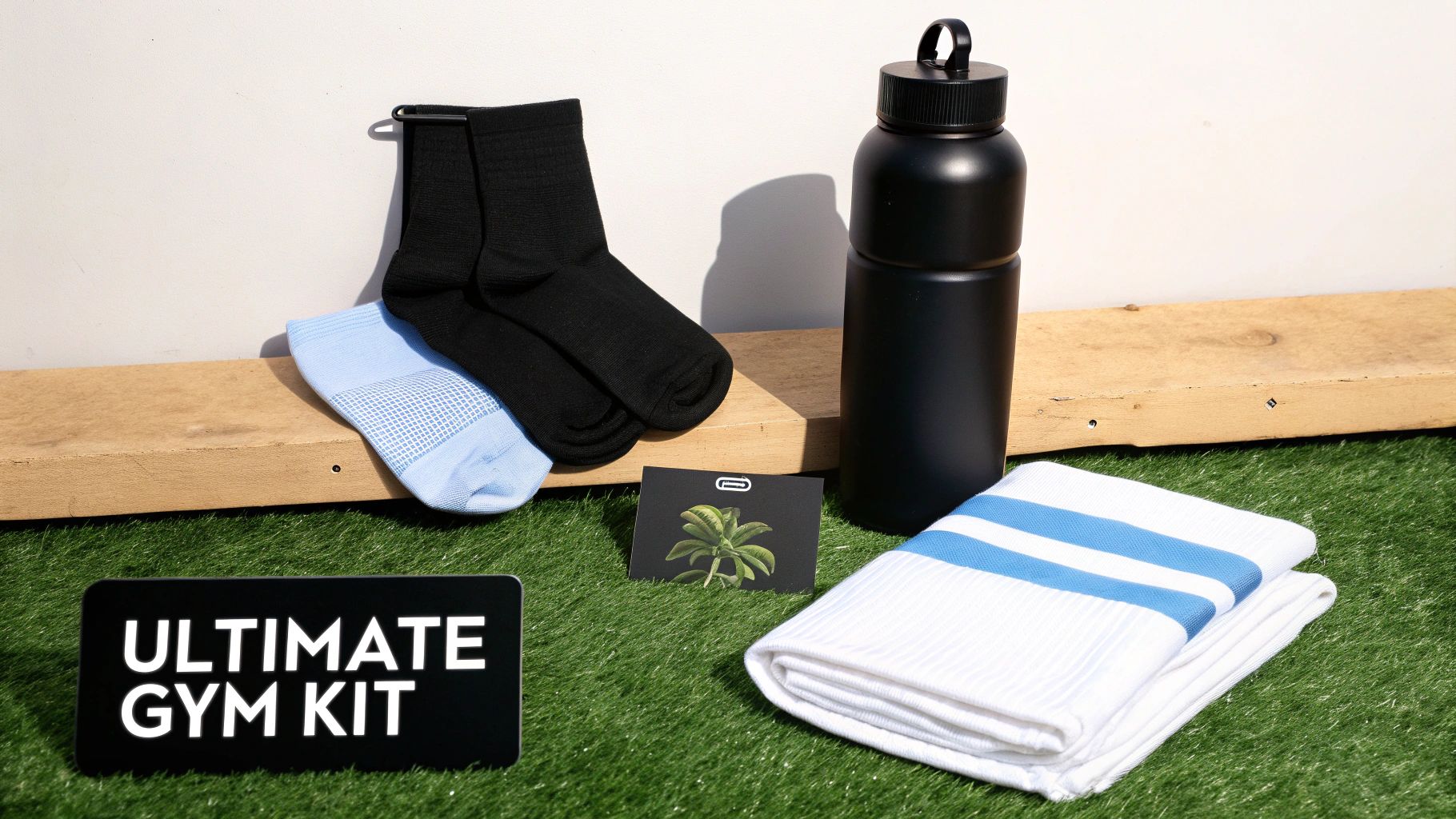 An ultimate gym kit with socks, a water bottle, a towel, and a sign on artificial grass.