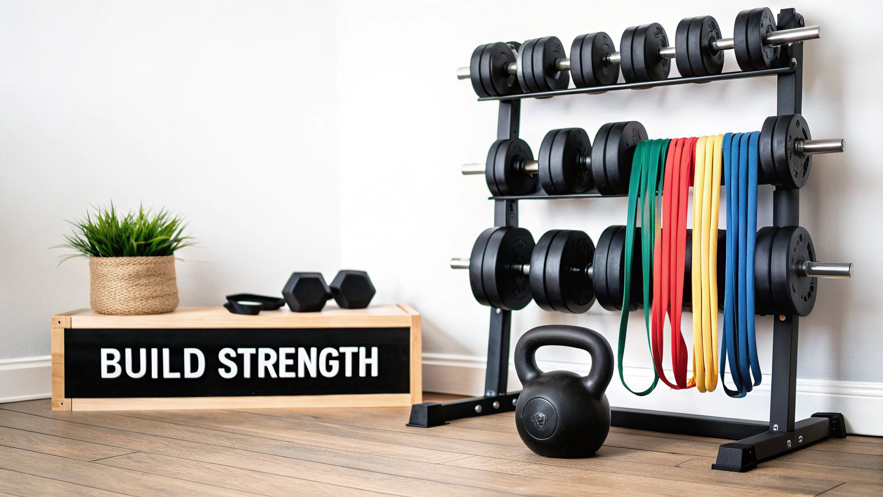 Home gym equipment storage rack with dumbbells, resistance bands, kettlebell and motivational sign