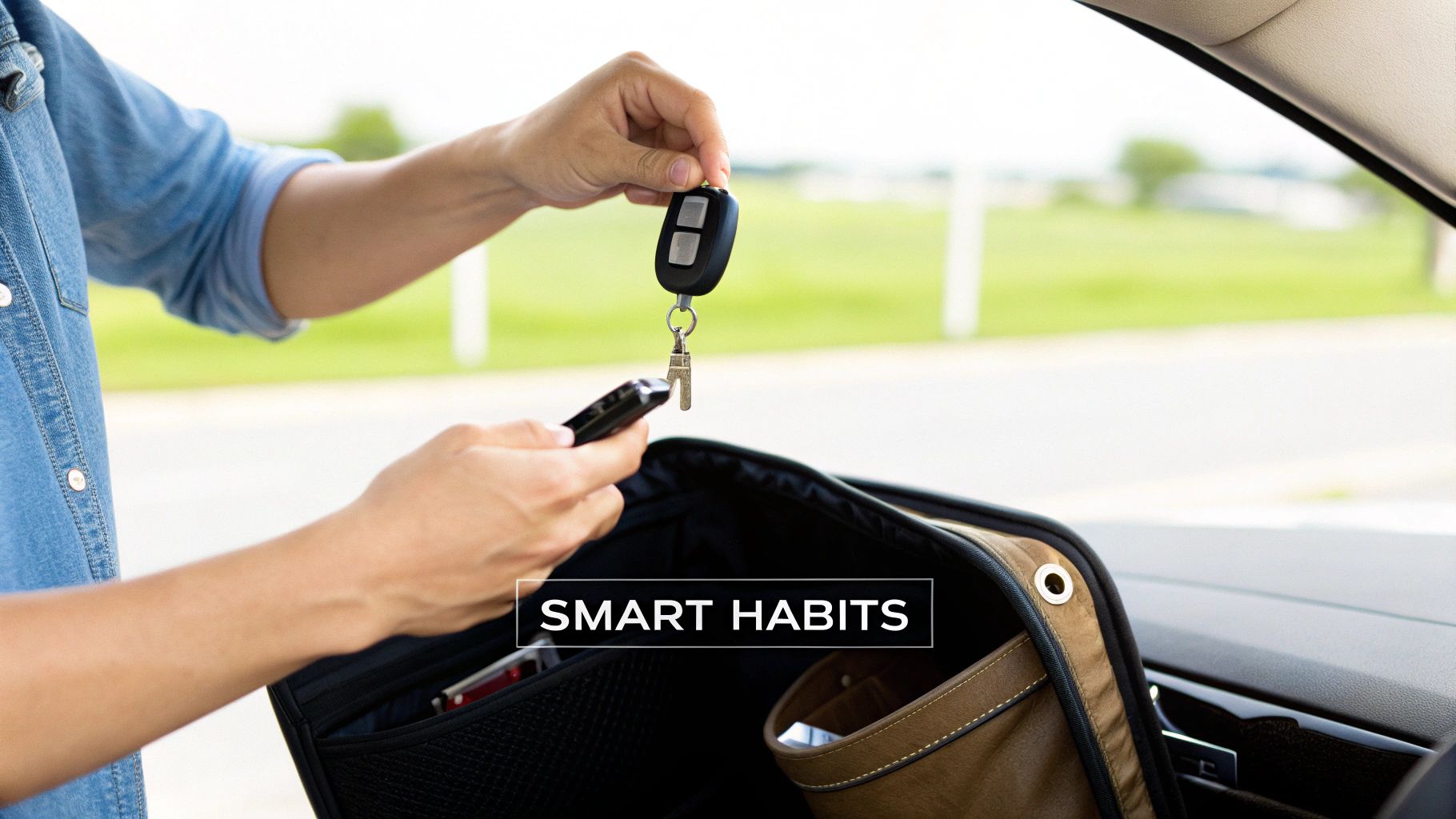 A person using a faraday pouch for their car key fob