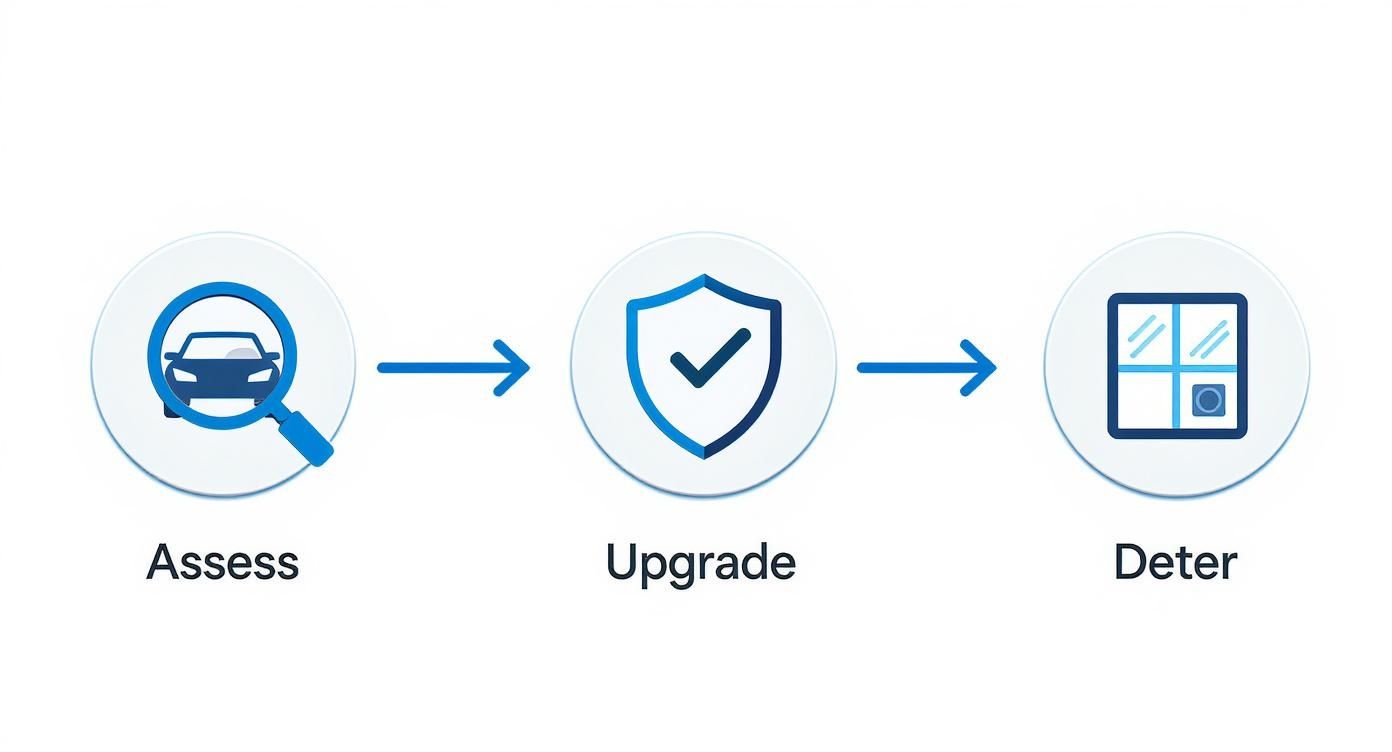 An infographic illustrating three car security steps: Assess (magnifying glass over car), Upgrade (shield with checkmark), and Deter (window with camera).