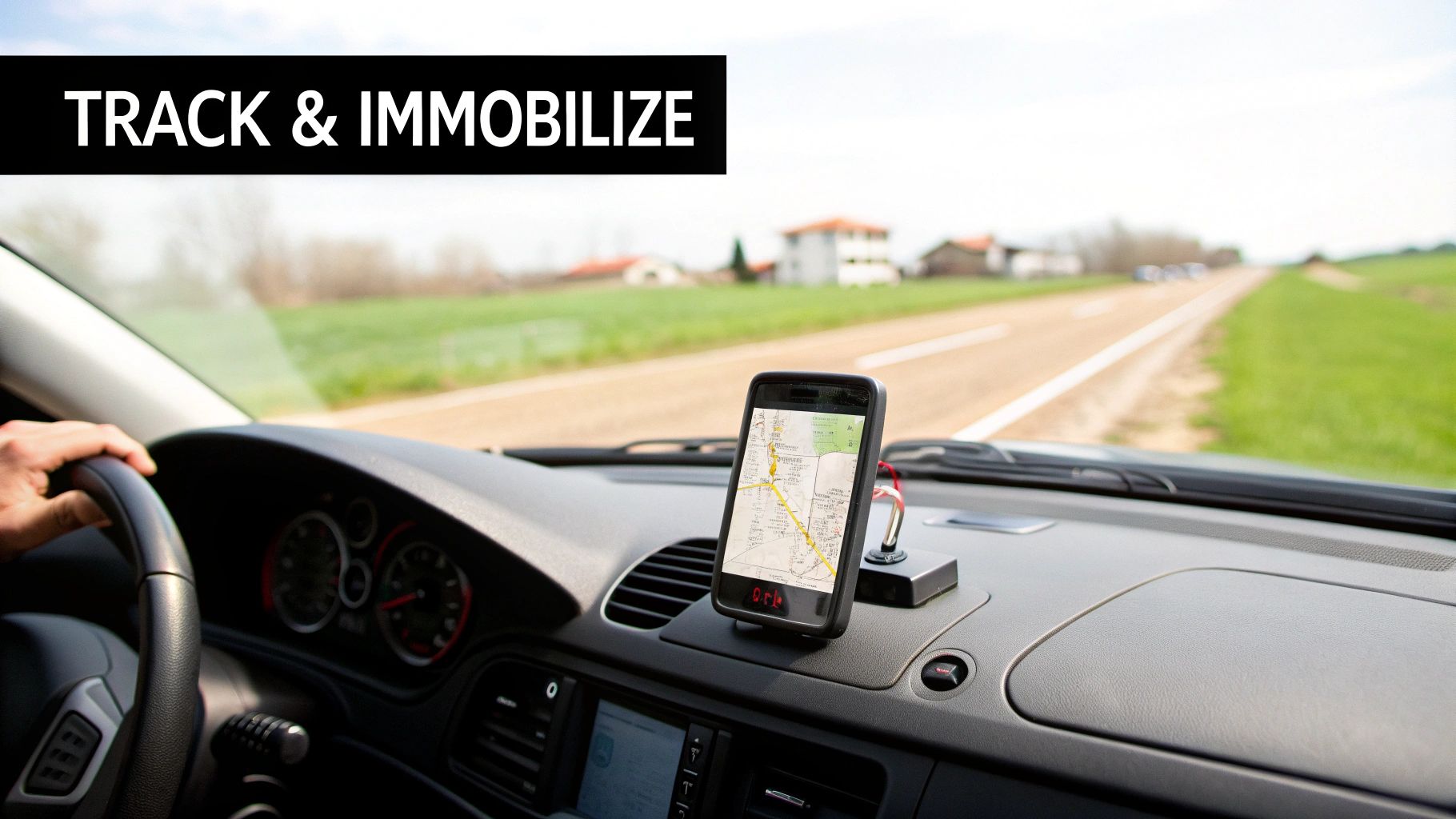 In-car shot of a driver with GPS navigation, displaying 'TRACK & IMMOBILIZE' for vehicle security.