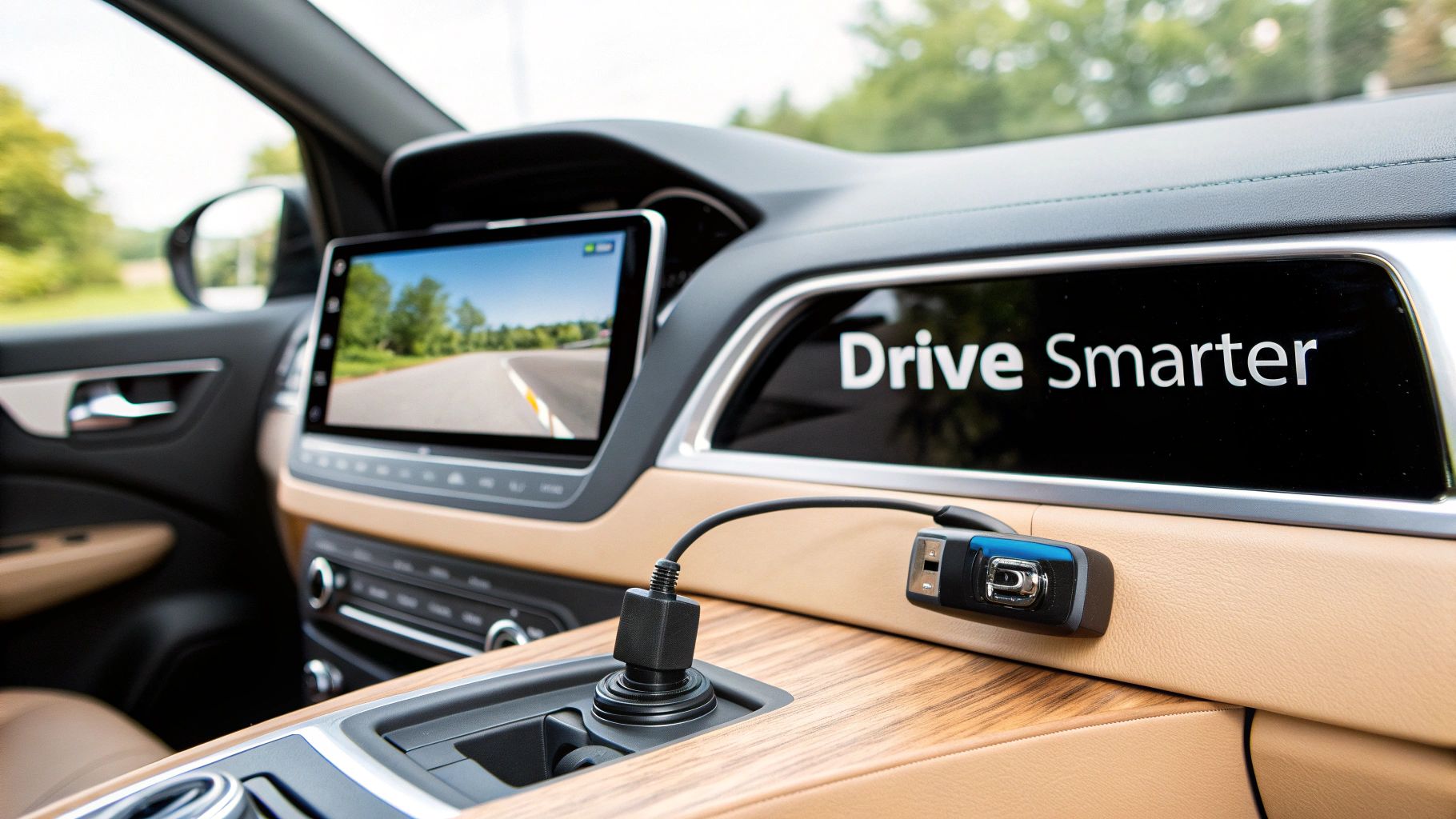 Car interior featuring a dashboard with a screen displaying a road view, and a dash cam plugged in, with 'Drive Smarter' text.