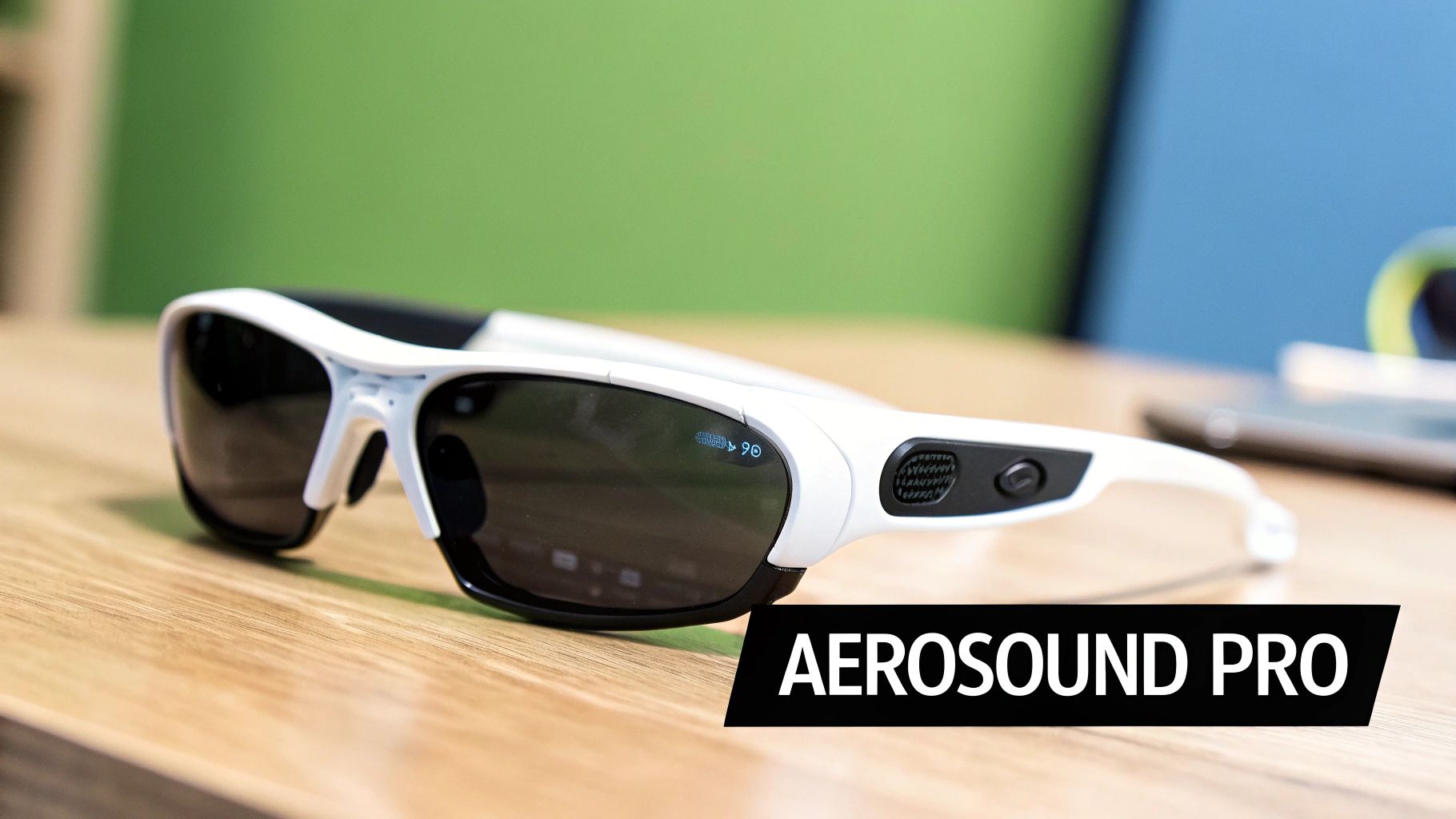 Close-up of white Aerosound Pro smart sunglasses with a digital display on a wooden surface.
