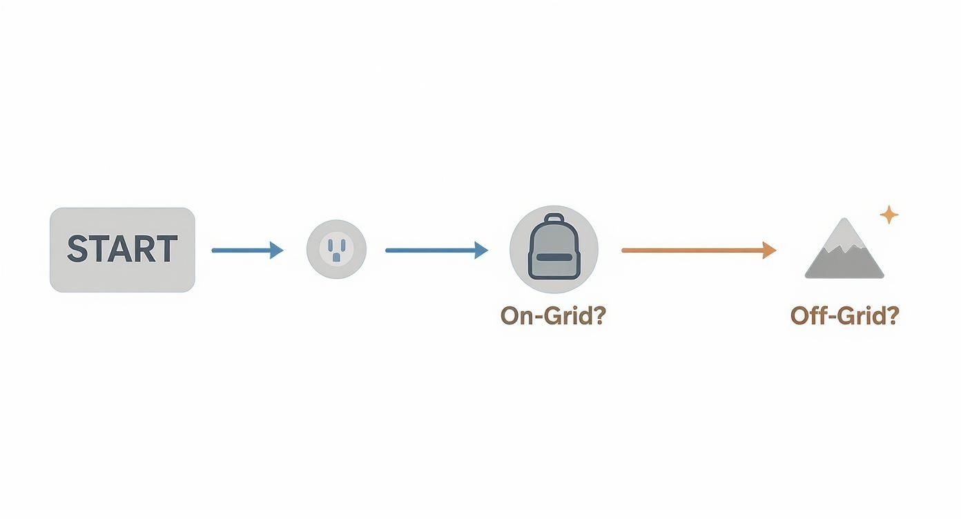 Flowchart diagram showing starting point, electrical outlet, 'On-Grid?' (backpack), and 'Off-Grid?' (mountain).