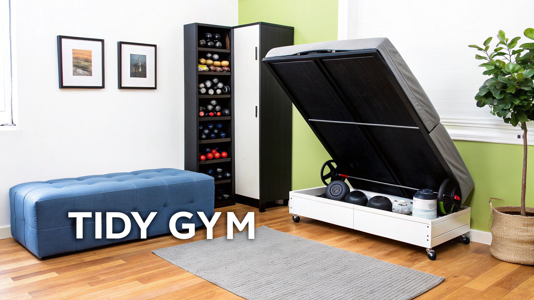 Compact home gym with foldable murphy bed storage system and organized workout equipment