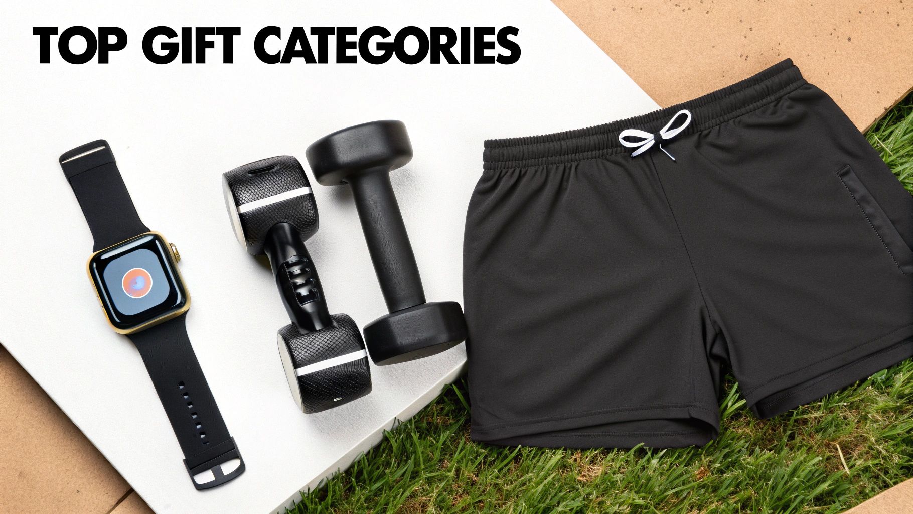 A top-down view of fitness gifts including a smartwatch, dumbbells, and athletic shorts.