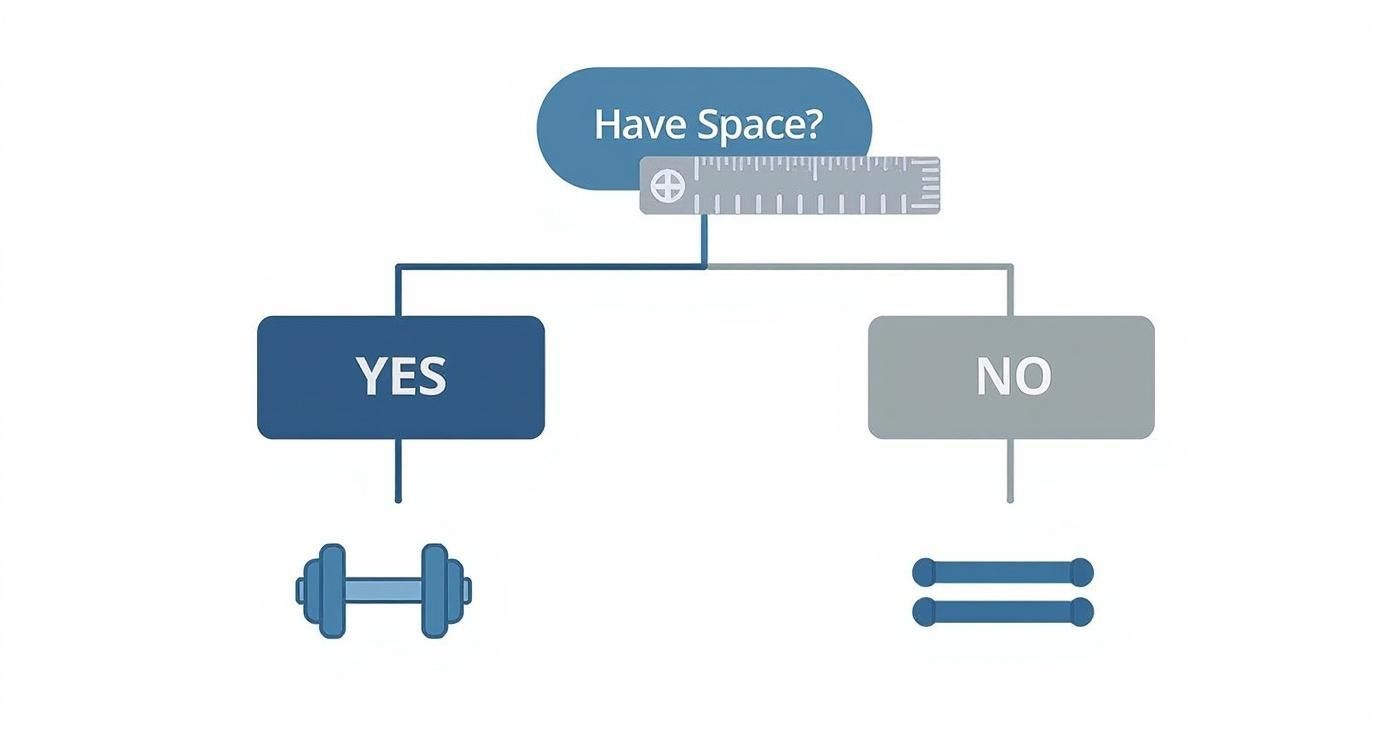 An infographic decision tree showing how to choose home chest workout equipment based on available space.