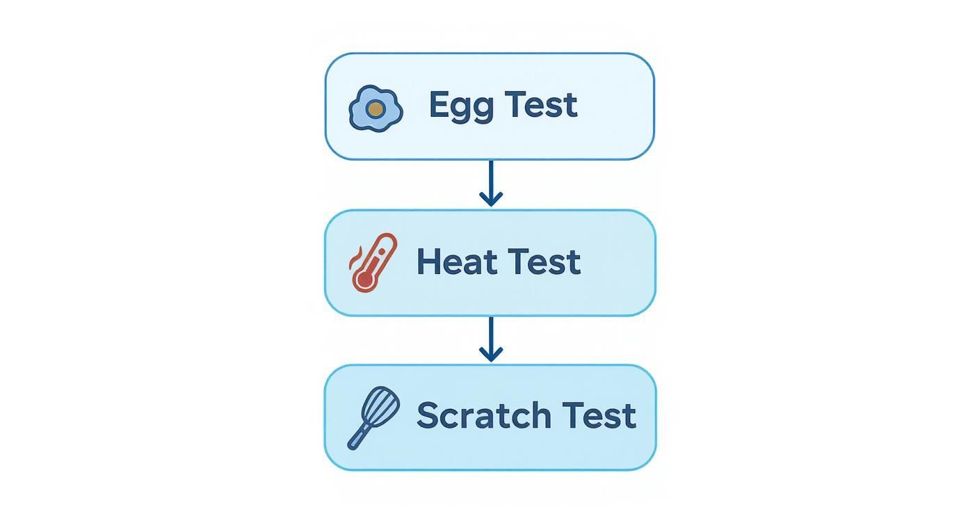Three-step cookware quality test flowchart showing egg test, heat test, and scratch test sequence