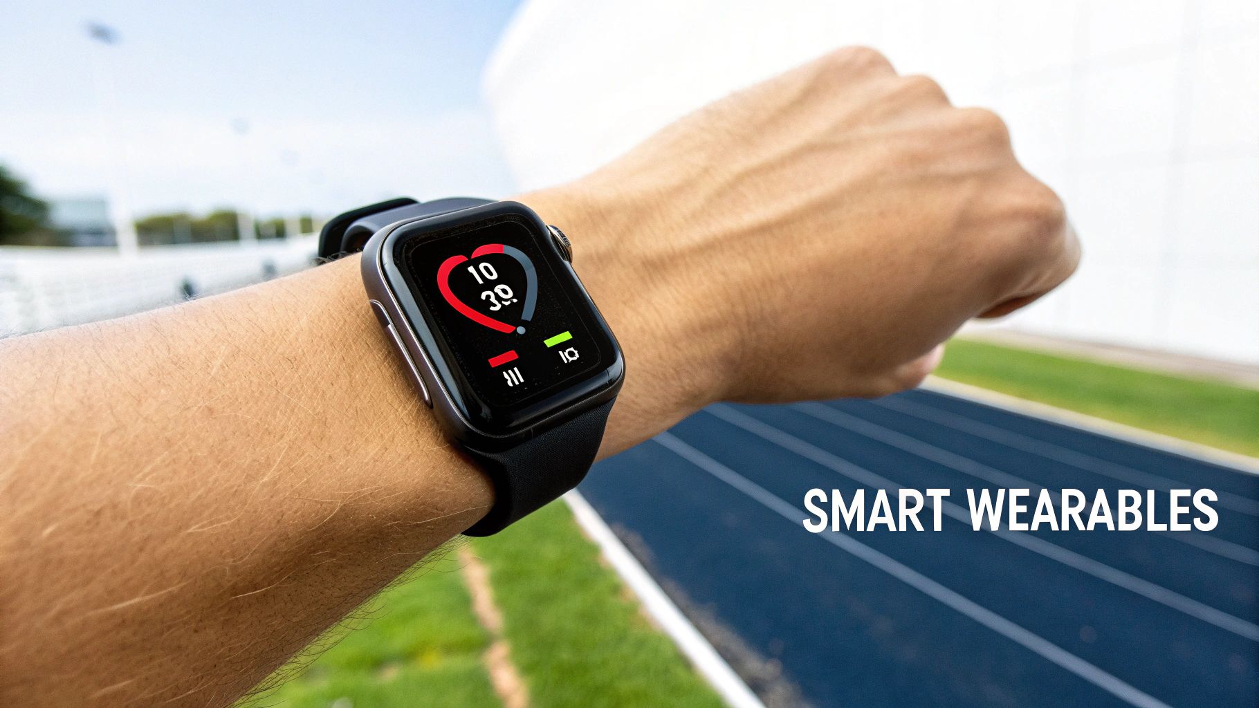 A person's arm with a smartwatch displaying heart rate data on an athletic running track.