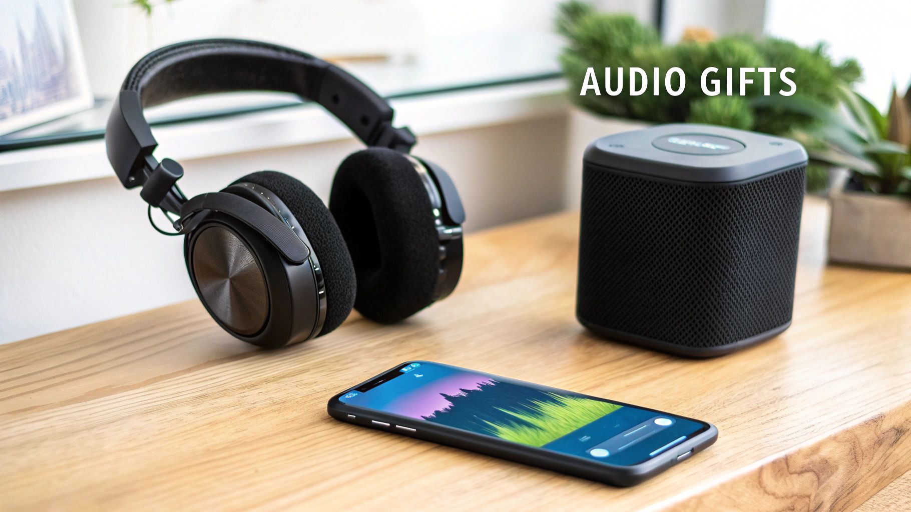 Black headphones, a portable speaker, and a smartphone on a wooden desk, symbolizing audio gifts.