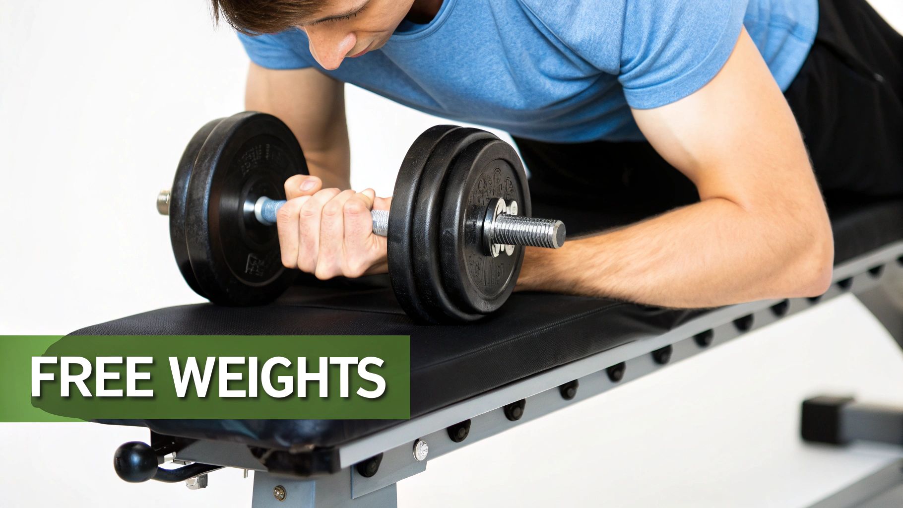 A person using dumbbells on an adjustable bench as part of their home chest workout.