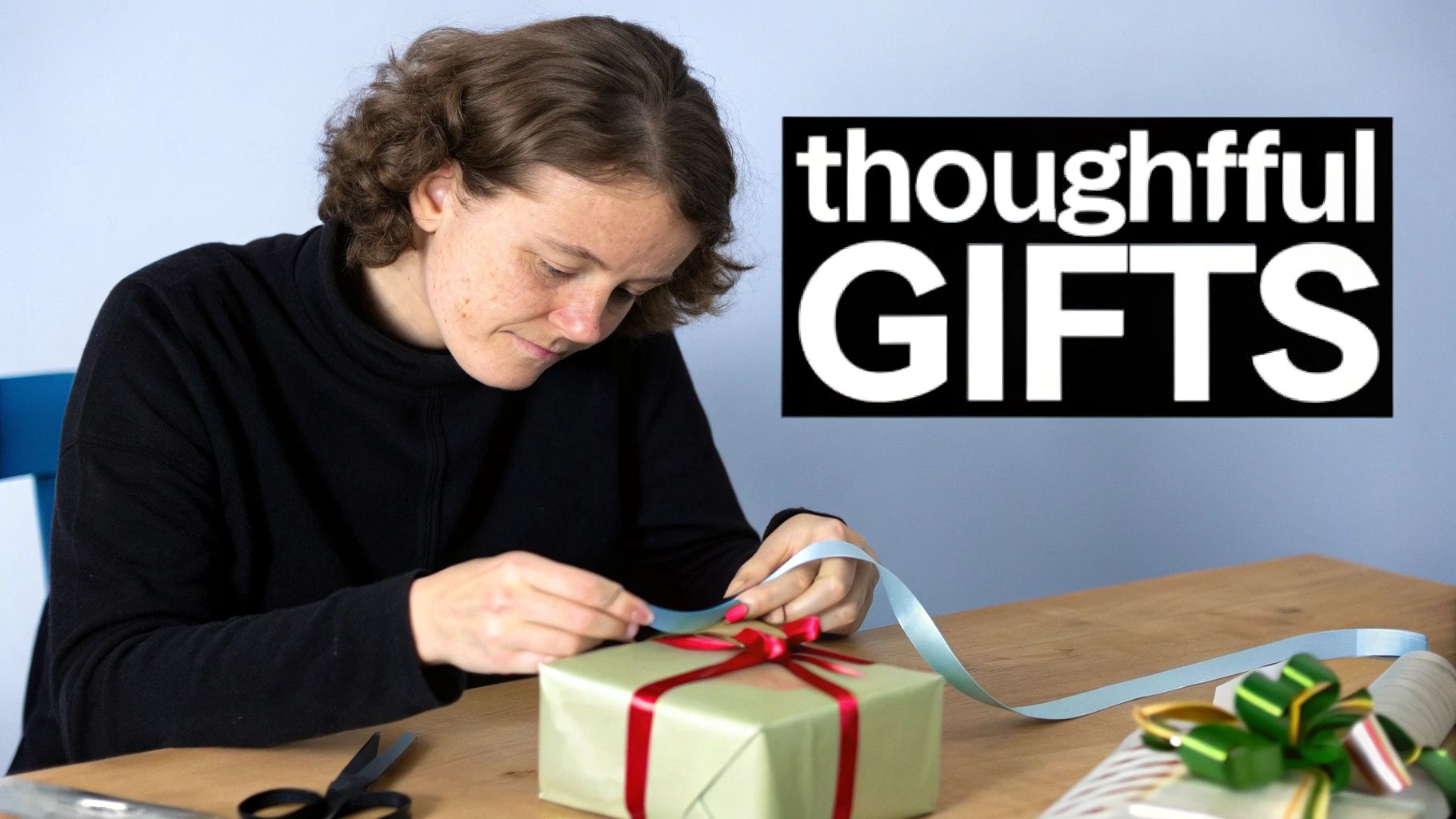 A person with brown hair meticulously wraps a light green gift with a red ribbon. Text says 'thoughtfful GIFTS'.