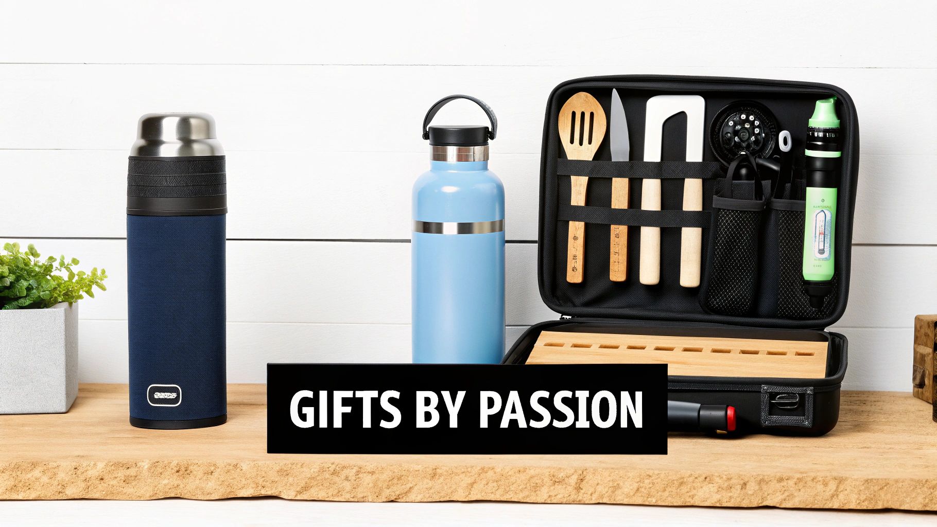 A collection of practical gifts including insulated bottles and a portable cooking utensil set on a wooden surface.