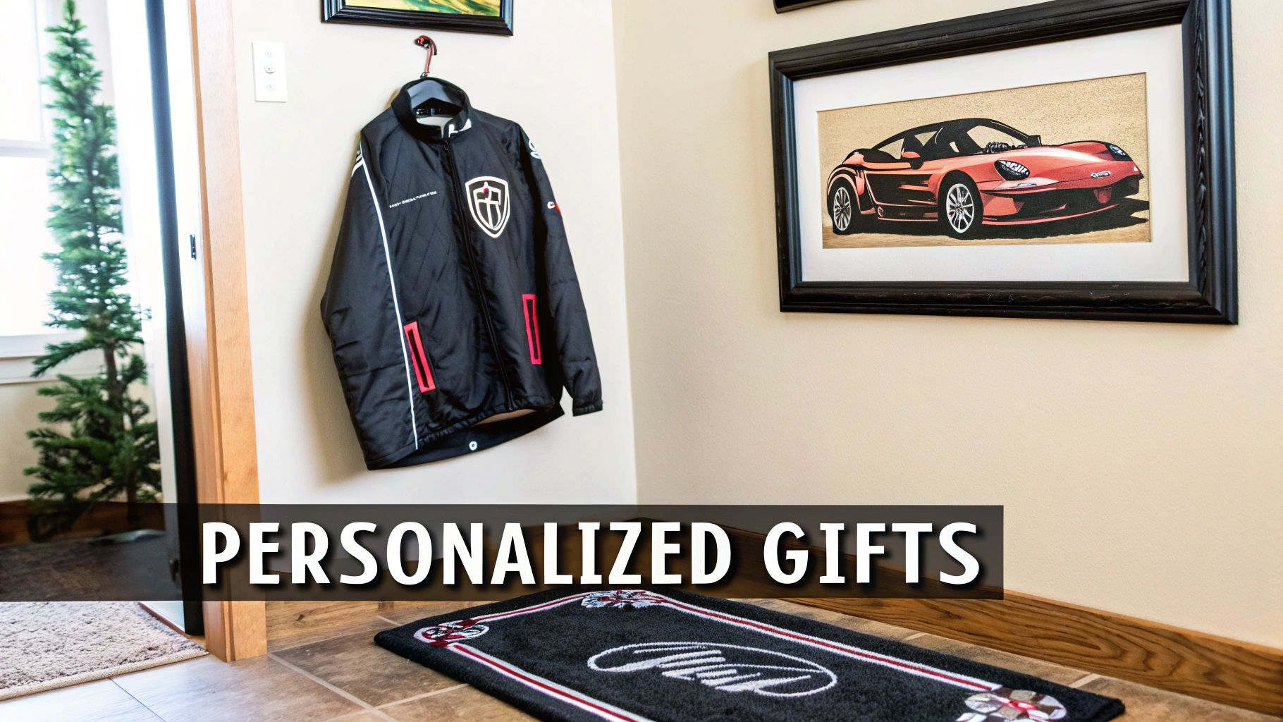 A black personalized jacket, a framed red sports car picture, and a branded doormat in a home.