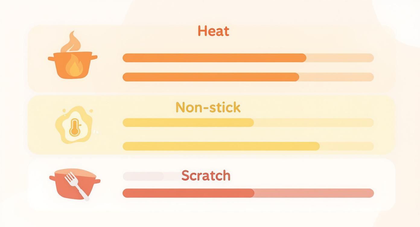 Infographic comparing ceramic cookware heat retention, non-stick coating, and scratch resistance performance ratings
