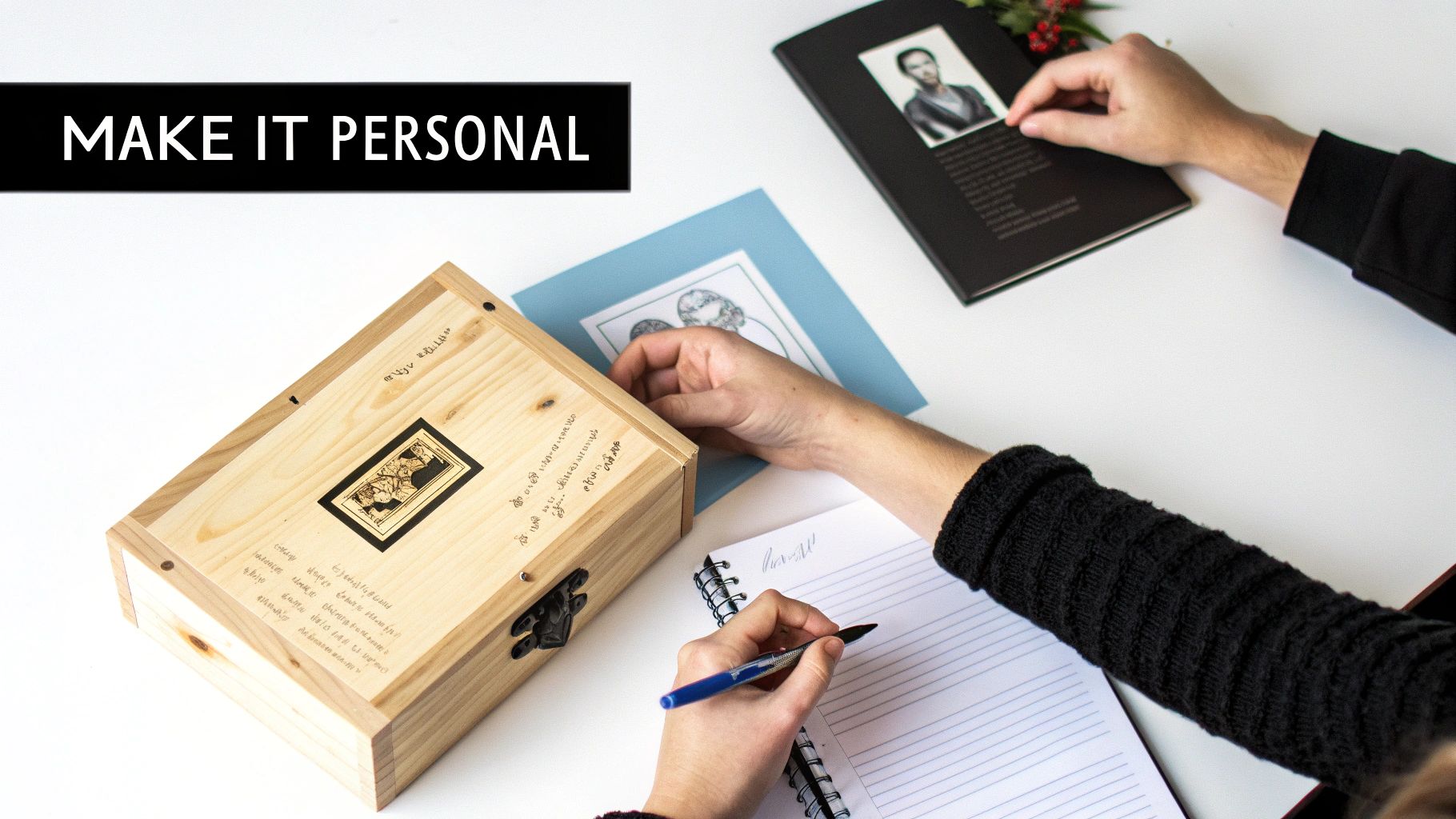 Hands personalize gifts: writing in a notebook, adding a photo to a book, next to an engraved wooden box.